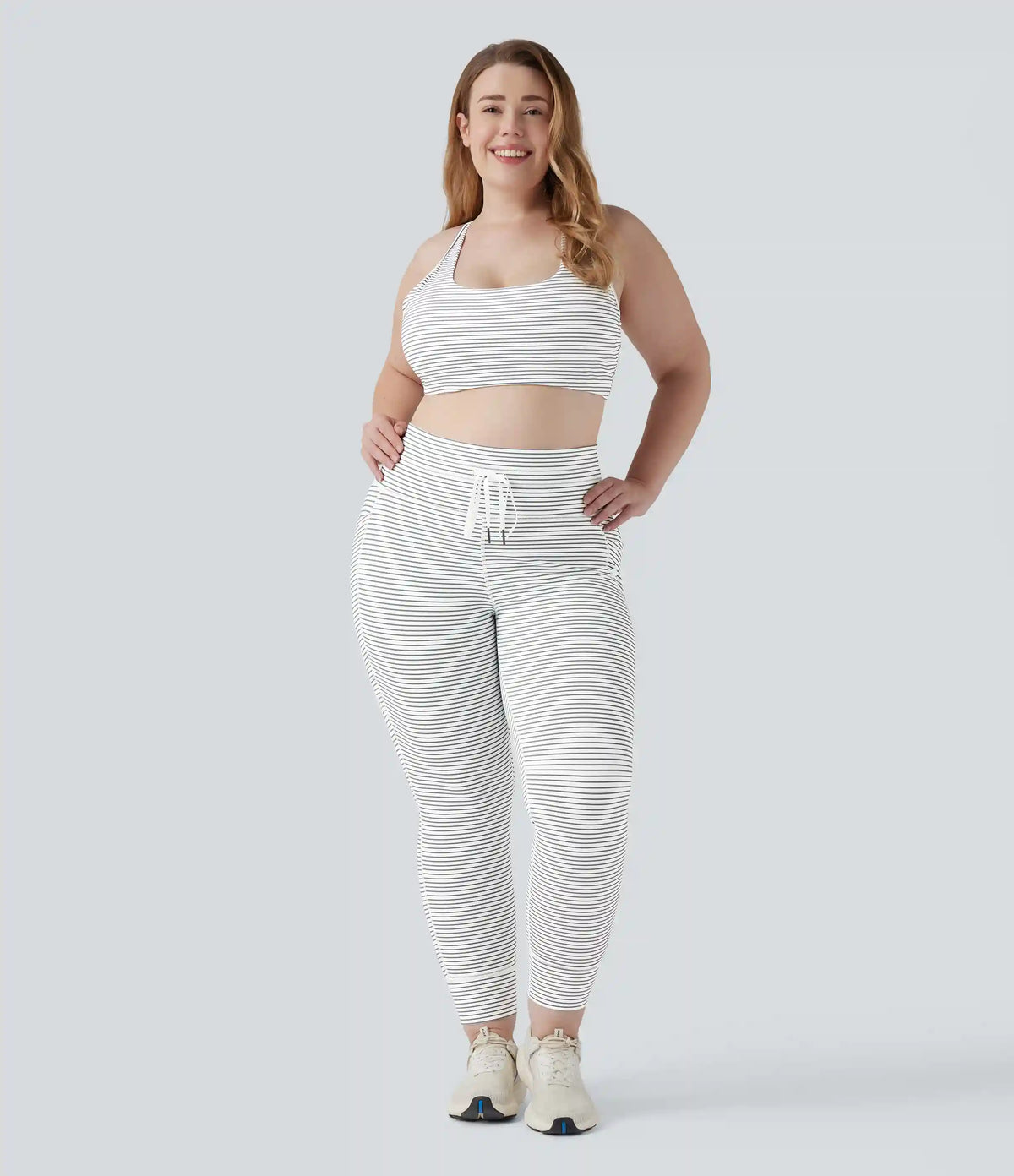 High Waisted Drawstring Striped Yoga Plus Size Leggings with Pockets