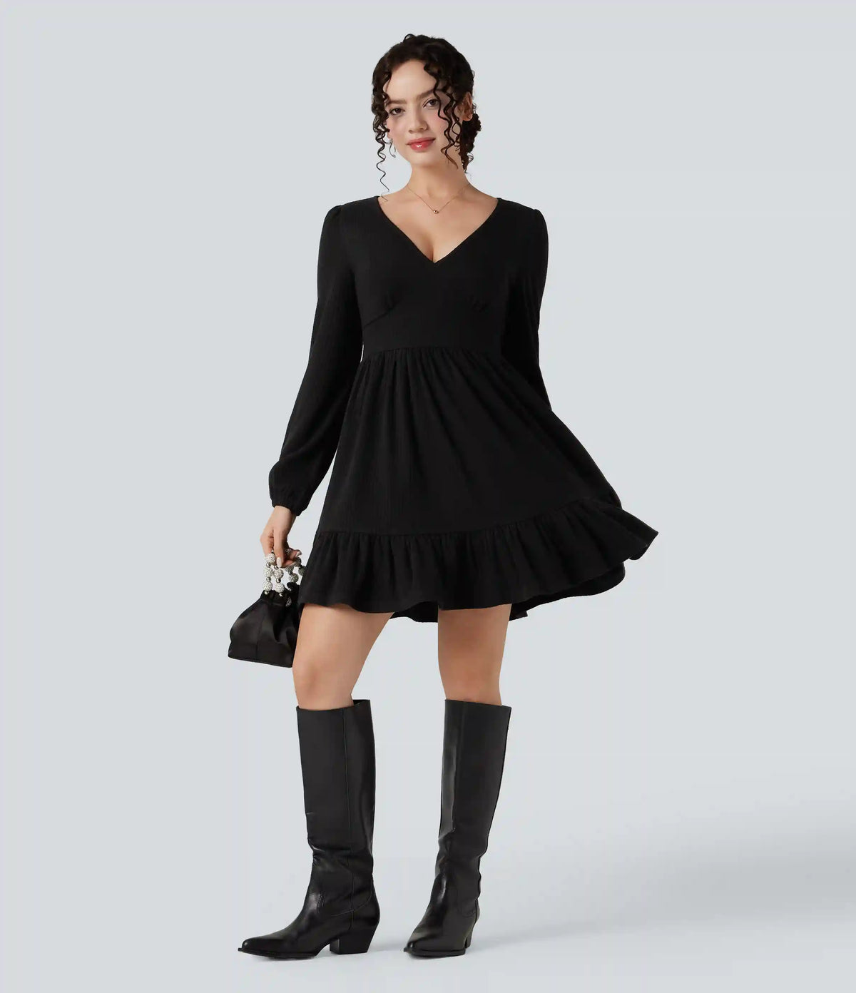 Ribbed Knit V Neck Long Sleeve Ruffle Hem Mini Dress