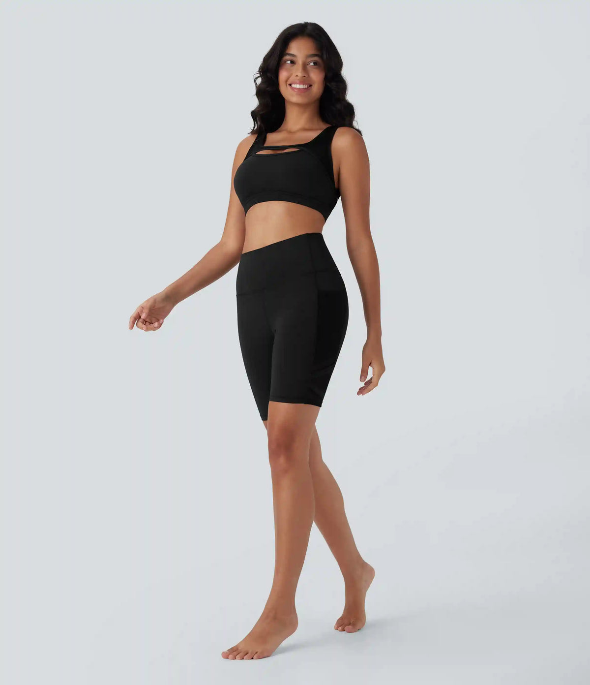 SpeedWave™ High Waisted Contrast Mesh Quick Dry Yoga Biker Shorts 7'' with Pockets