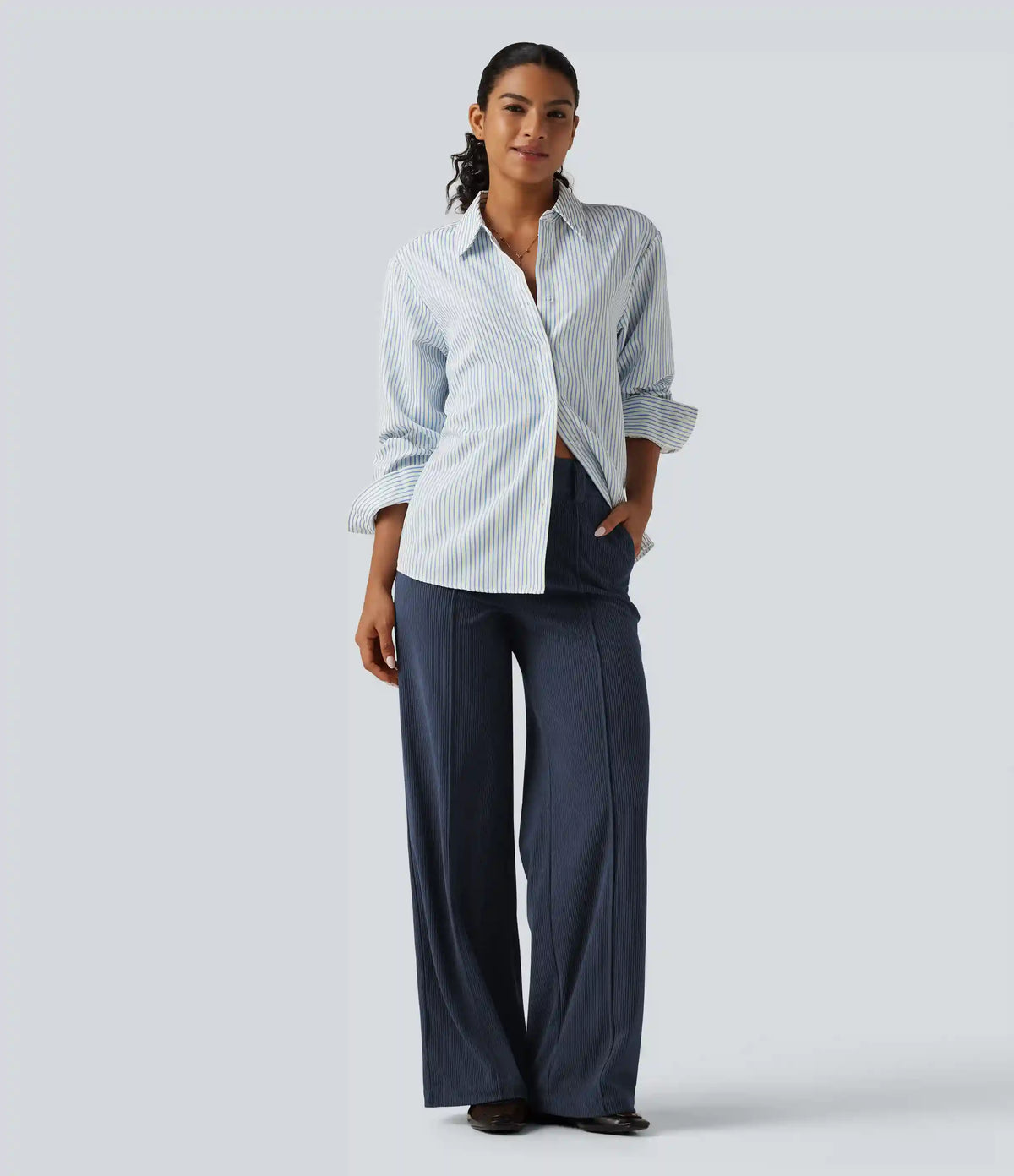 High Waisted Straight Leg Pintuck Corduroy Casual Pants with Pockets
