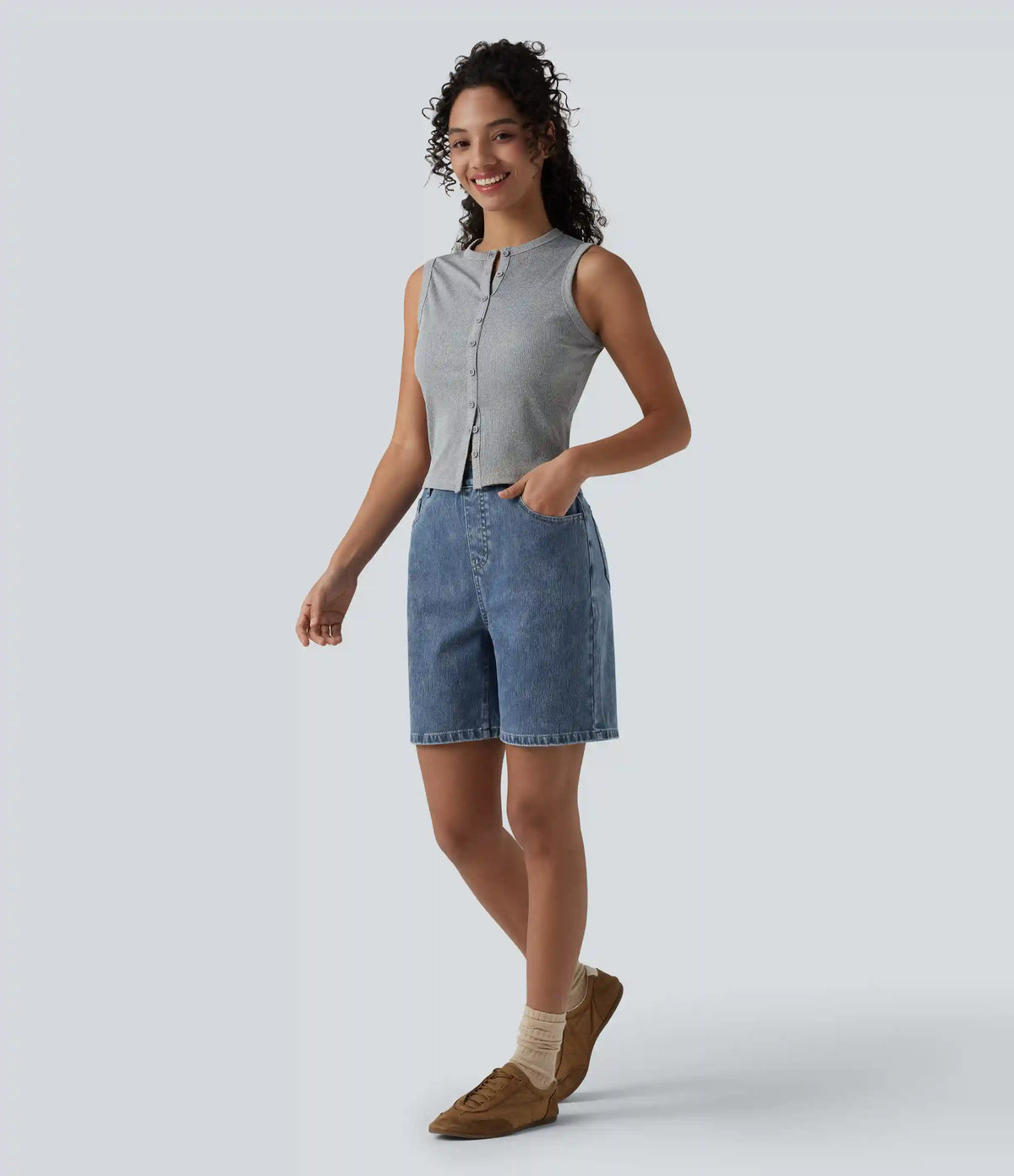 Halara Flex™ High Waisted Denim Casual Bermuda Shorts 7'' with Pockets