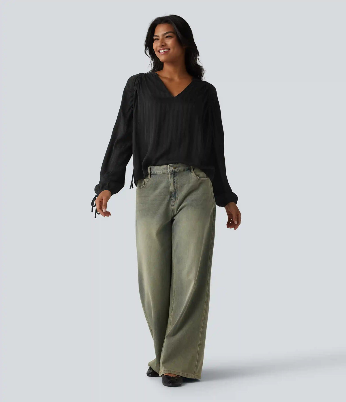 V Neck Bishop Long Sleeve Casual Blouse