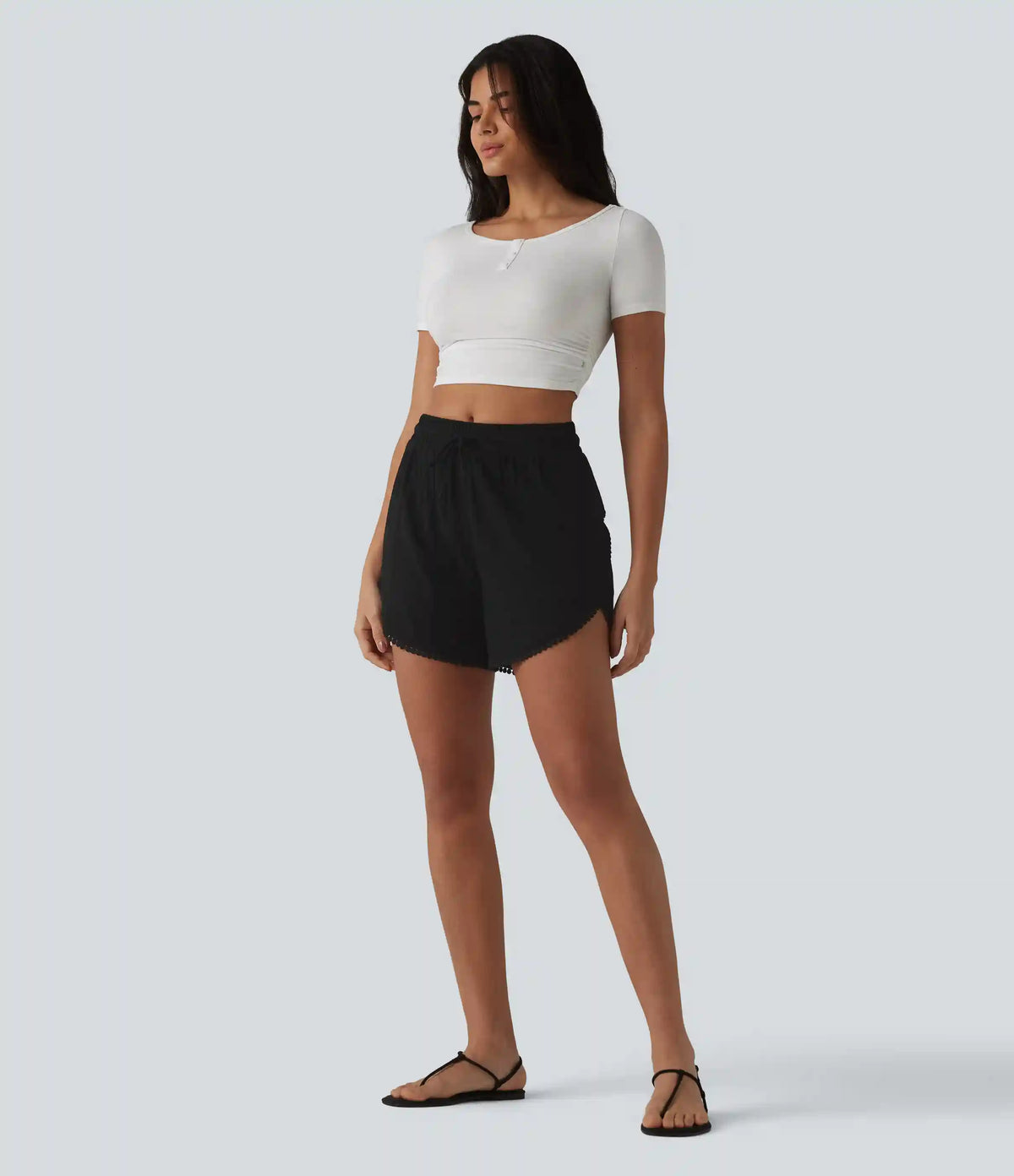 Mid Rise Drawstring Contrast Fringe Curved Hem 2-in-1 Casual Shorts