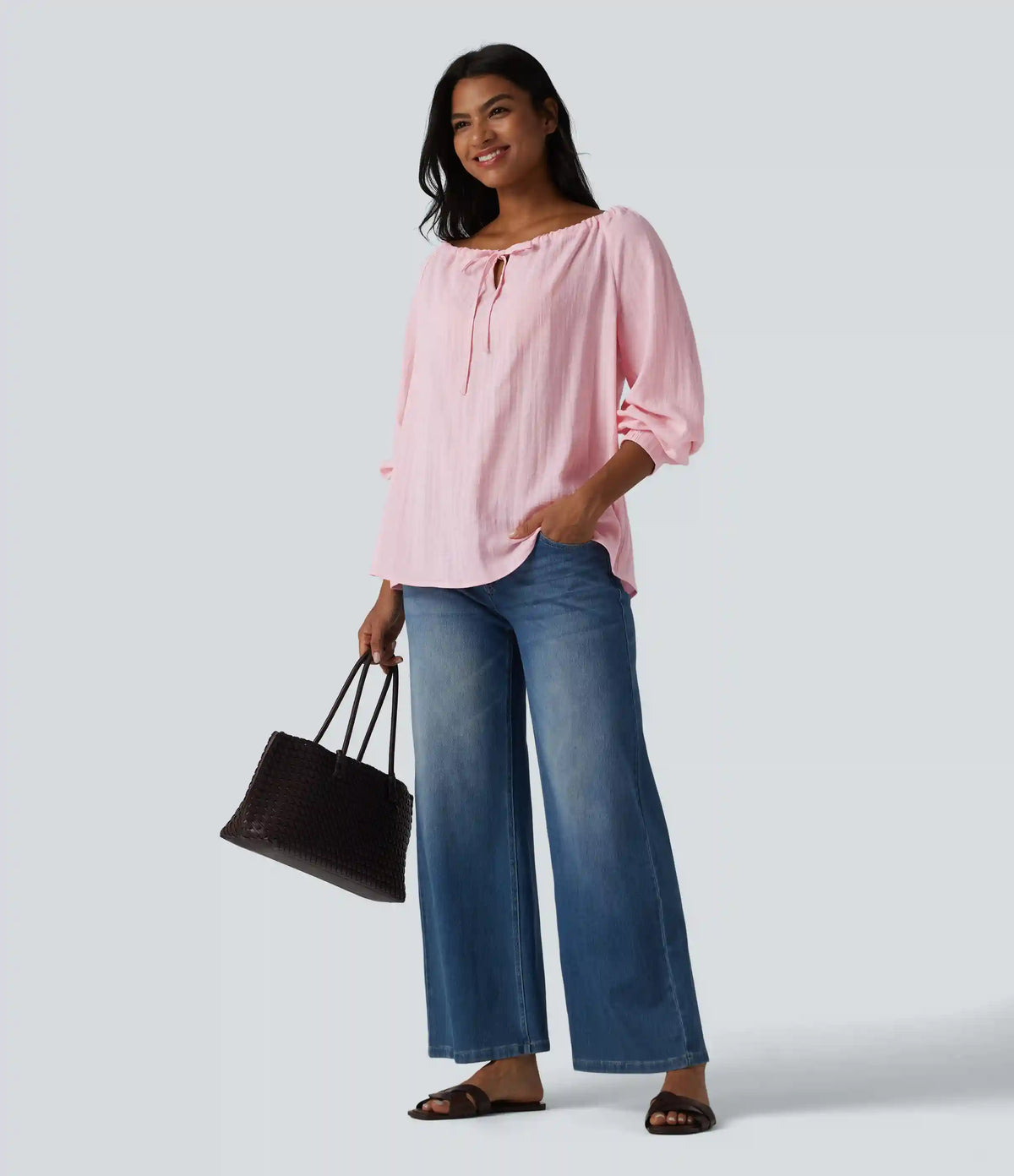 Off-shoulder Tie Long Sleeve Linen-Feel Oversized Casual Blouse