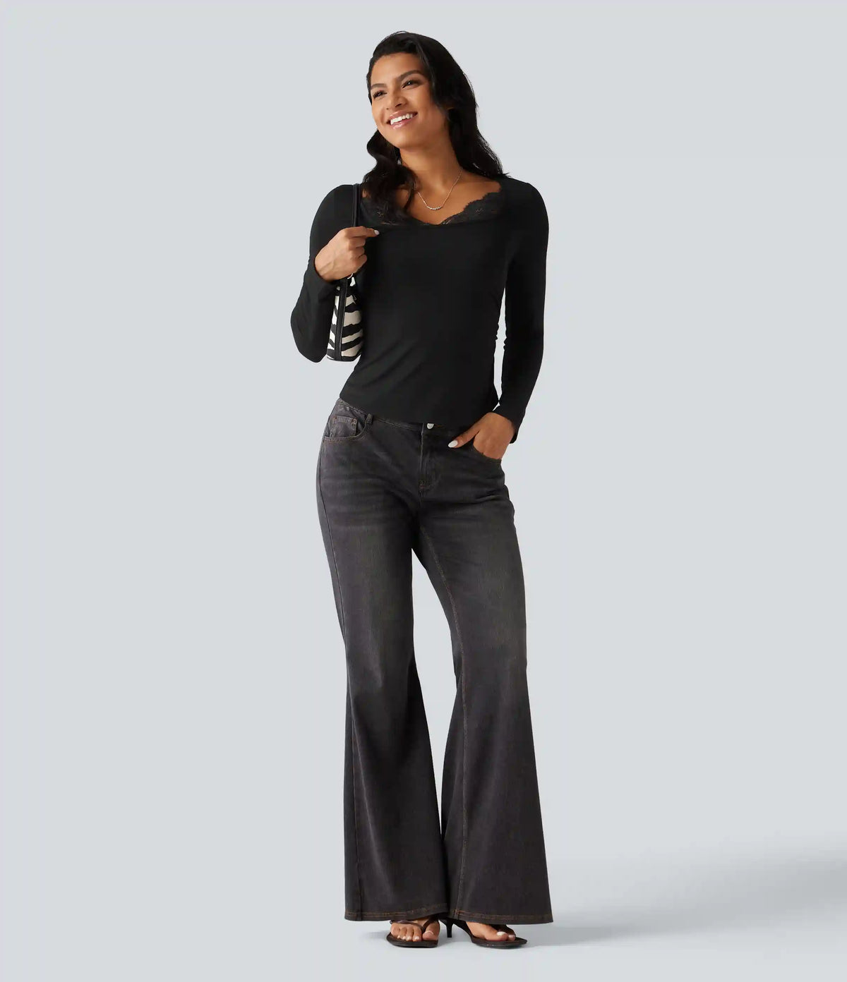 Square Neck Long Sleeve Contrast Lace Casual T-Shirt