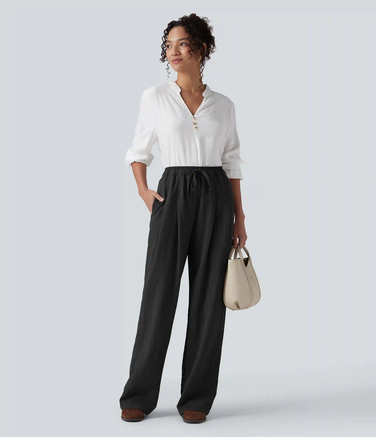 High Waisted Drawstring Straight Leg Work Pants with Pockets