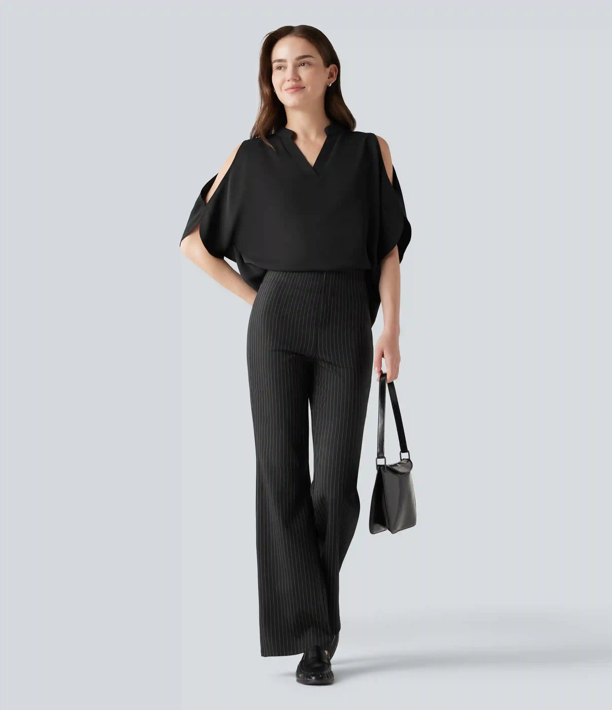 V Neck Short Sleeve Cut Out Work Blouse