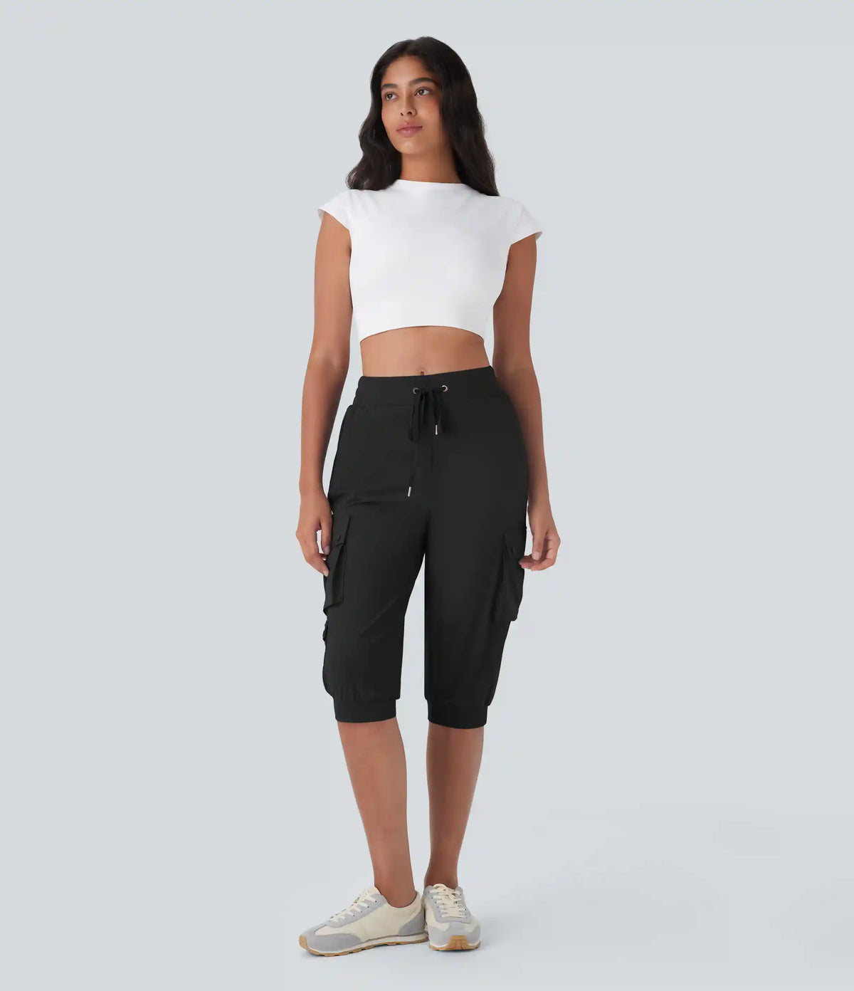 High Waisted Drawstring Quick Dry Dance Pedal Pusher Cargo Joggers with Pockets