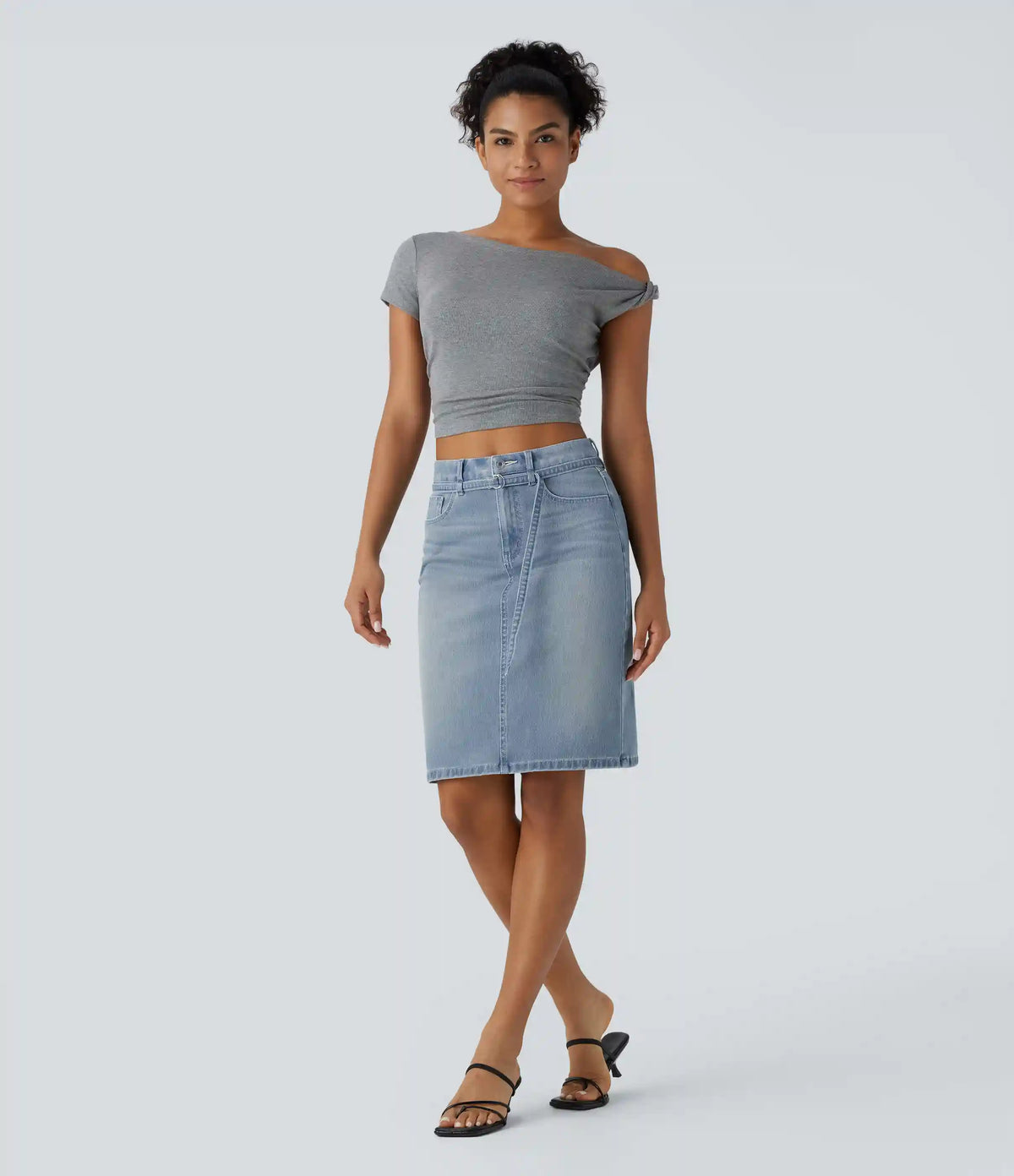 Halara Flex™ Mid Rise Zipper Pockets Washed Denim Midi Casual Skirt