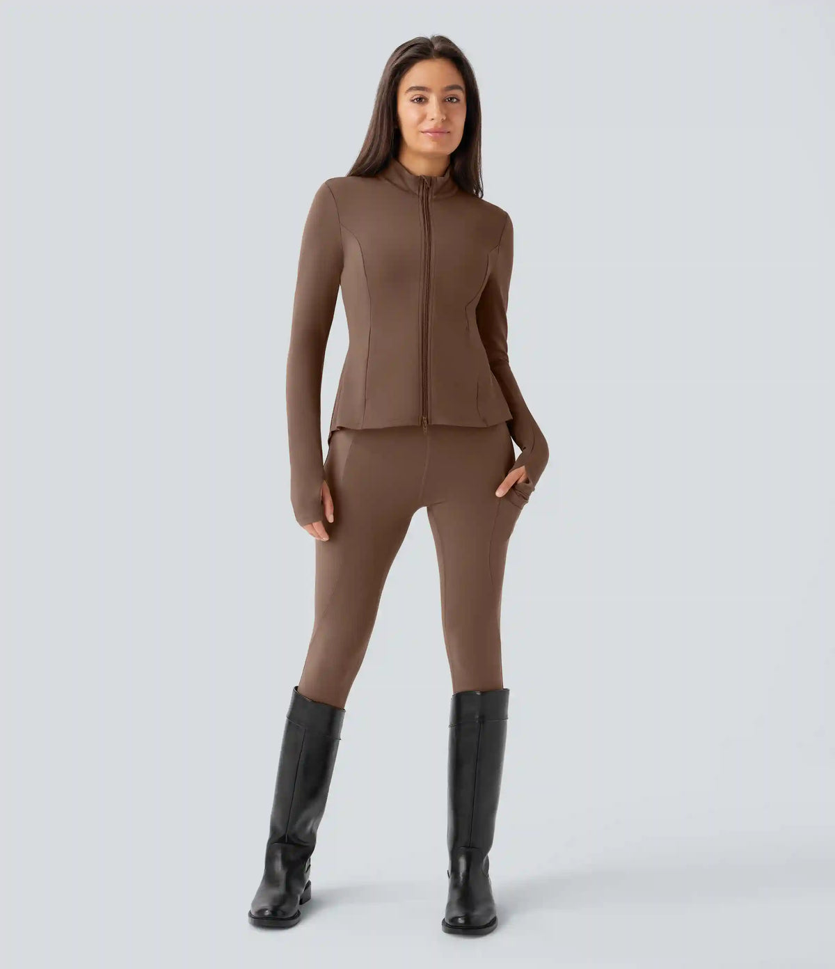 SoftlyZero™ Stand Collar Thumb Hole Pockets Pleated Zipper Slim Jacket
