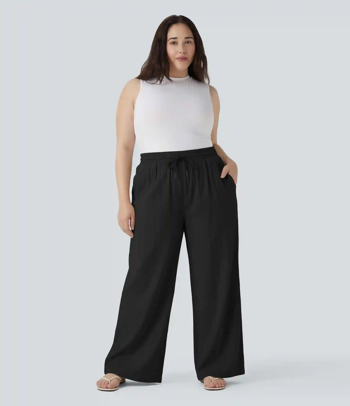 Plus Size High Waisted Drawstring Wide Leg Casual Linen-Blend Pants with Pockets
