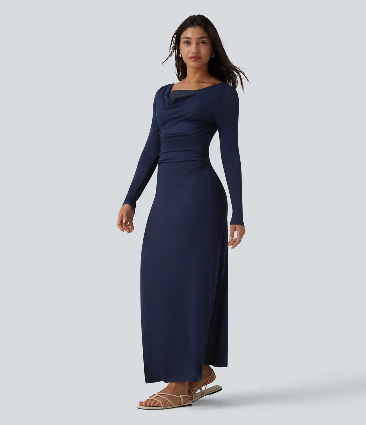Ribbed Cowl Neck Contrast Lace Long Sleeve Maxi Casual Dress