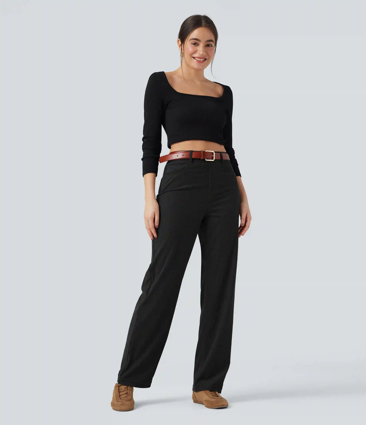 High Waisted Tummy Control Corduroy Straight Leg Casual Pants with Pockets