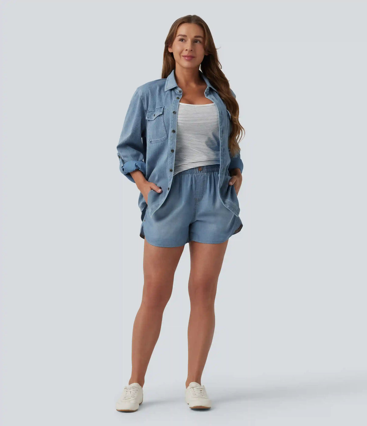 Mid Rise Draped Denim Casual Shorts 3.5'' with Pockets
