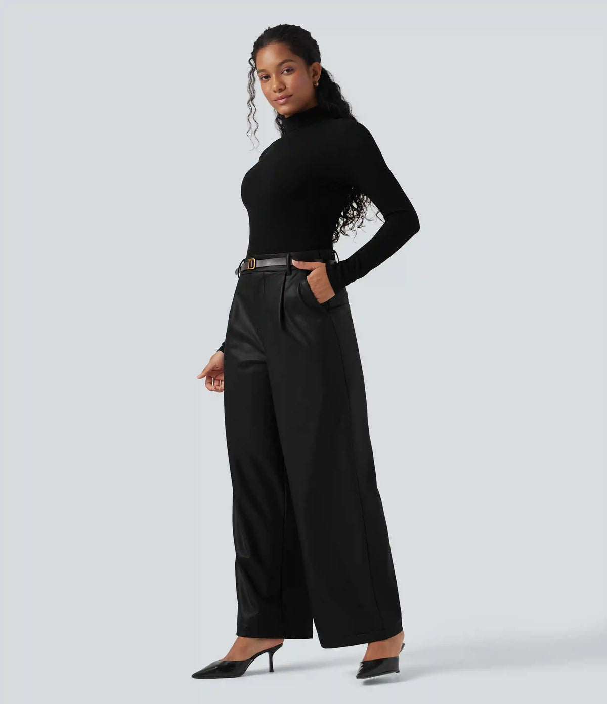 High Waisted Wide Leg Fleece Casual PU Leather Pants with Pockets