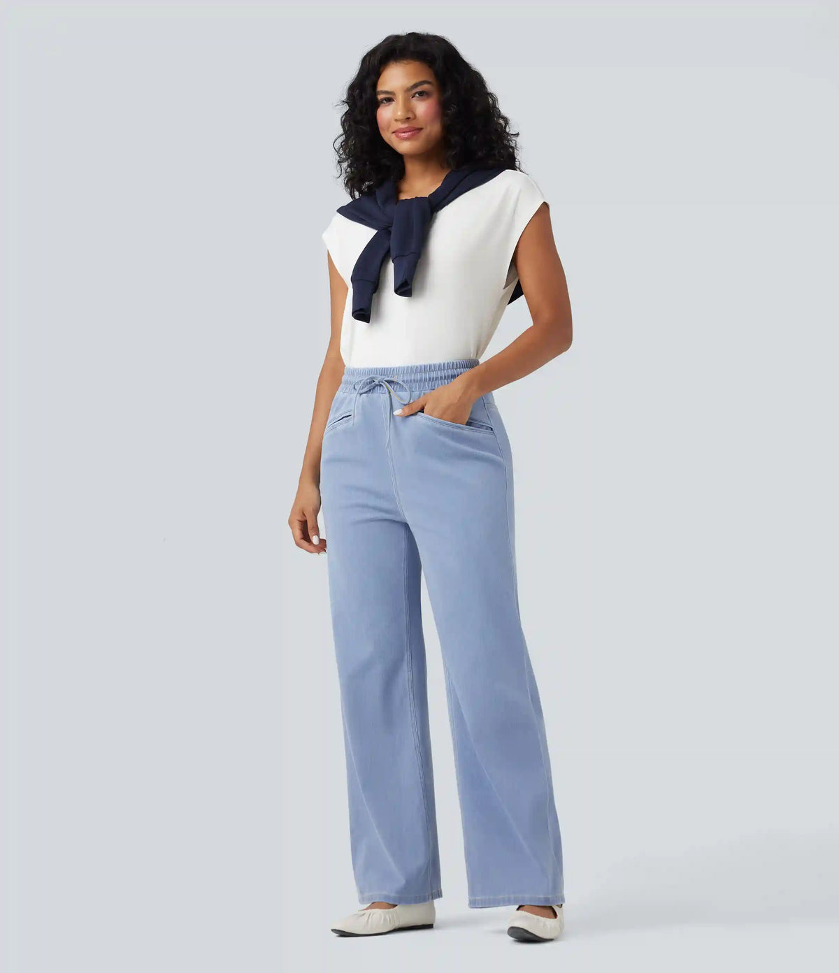 Halara Flex™ High Waisted Drawstring Wide Leg InstantCool Stretchy Knit Casual Sweatpants Jeans with Pockets