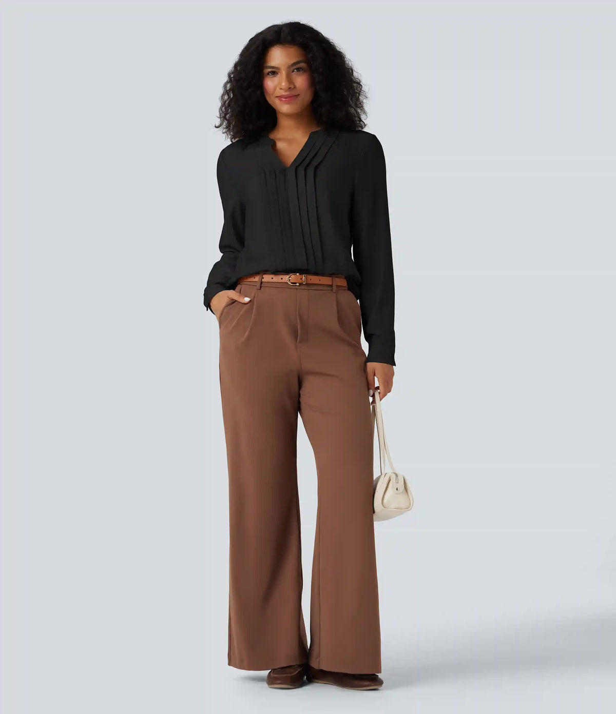 V-neck Long Sleeve Pleated Relaxed Fit Work Blouse