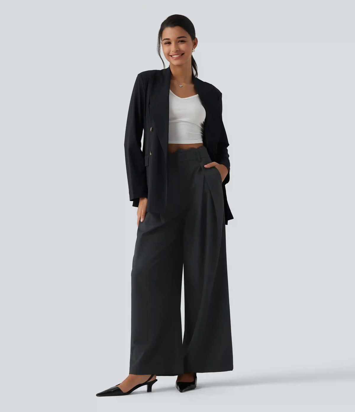 High Waisted Lace Panel Wide Leg Work Pants with Pockets