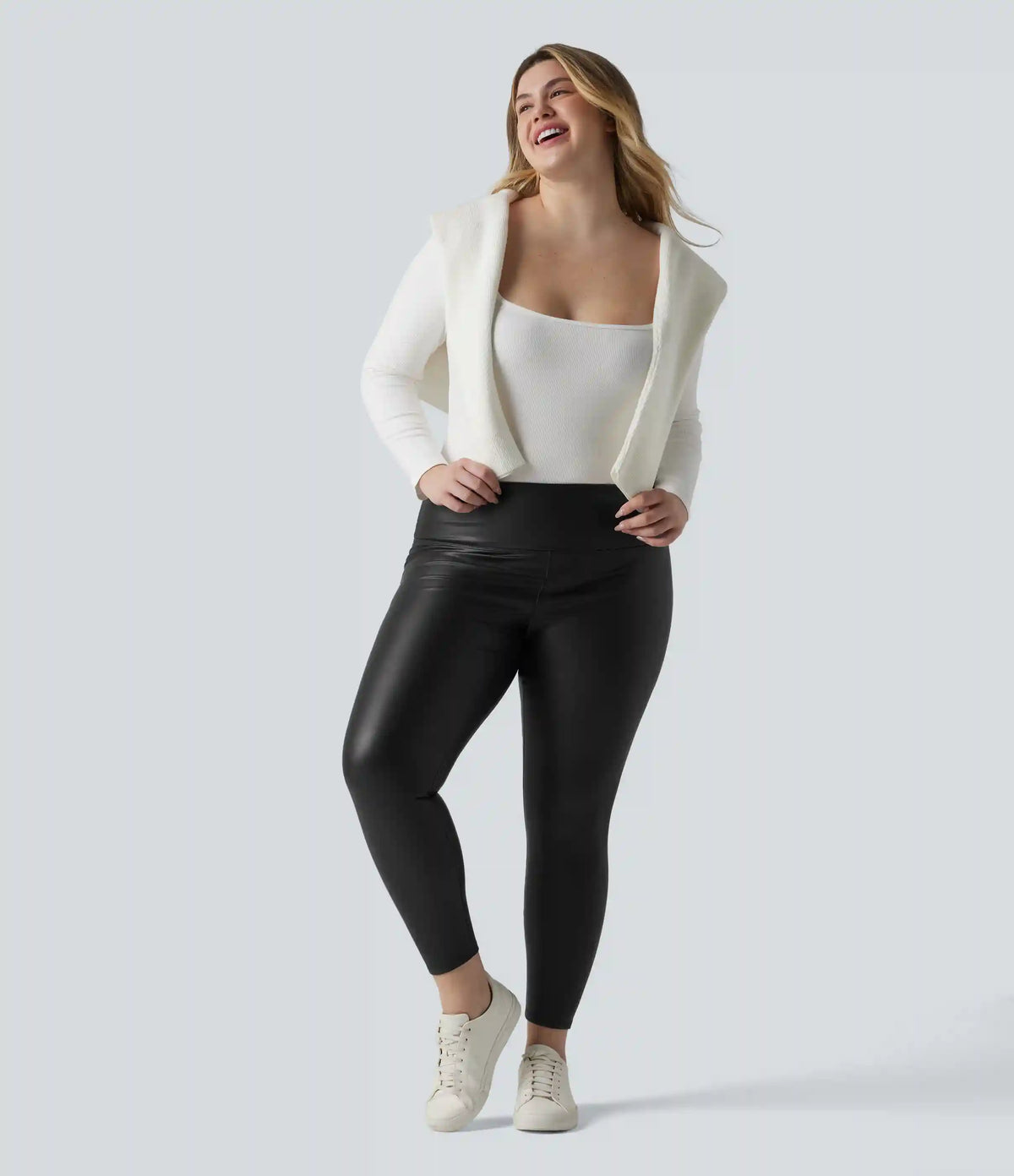 Plus Size High Waisted Tummy Control Stretchy PU Fleece 7/8 Skinny Casual Leggings with Pockets