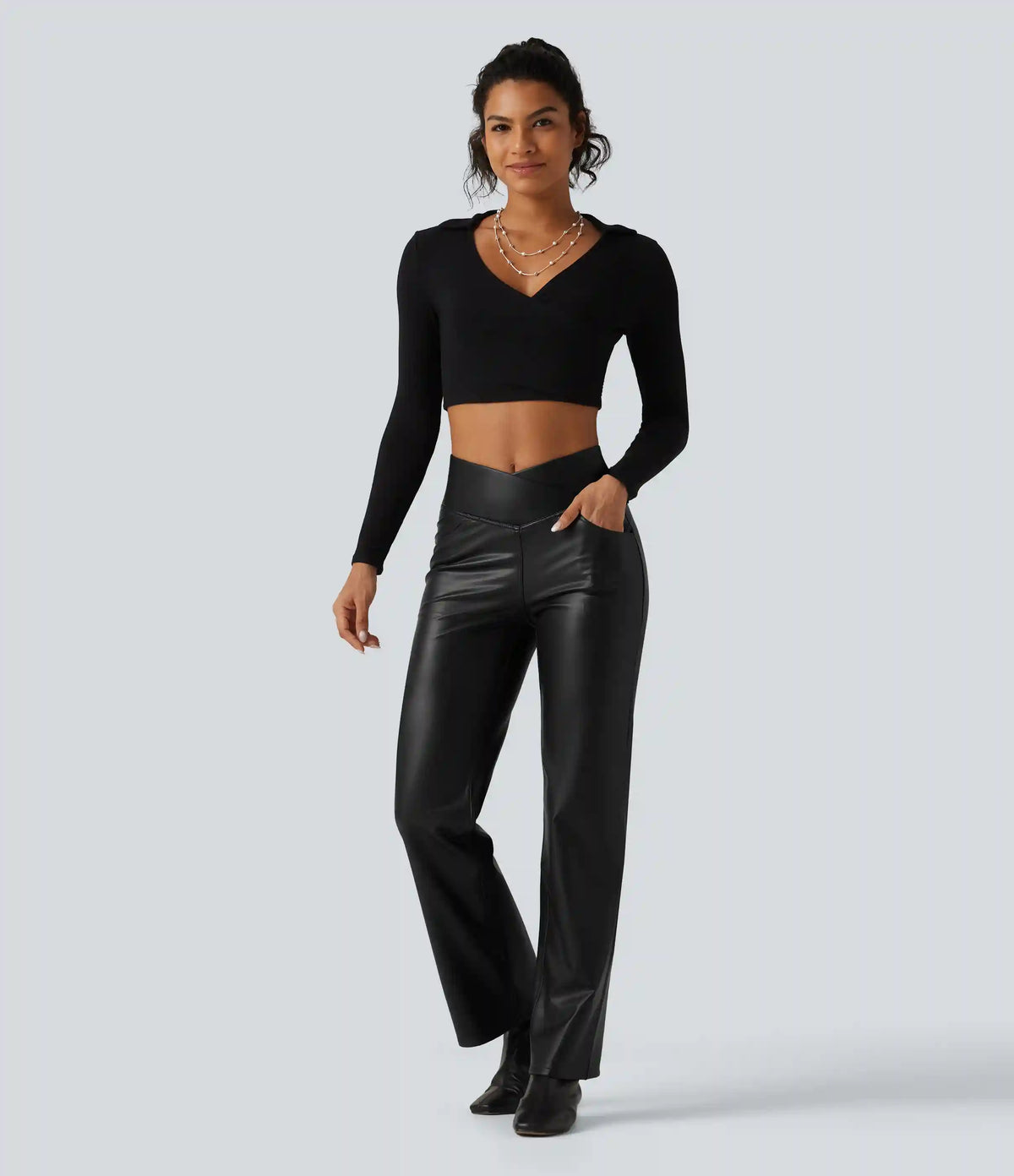 High Waisted Crossover Tummy Control Straight Leg Stretchy PU Fleece Casual Pants with Pockets