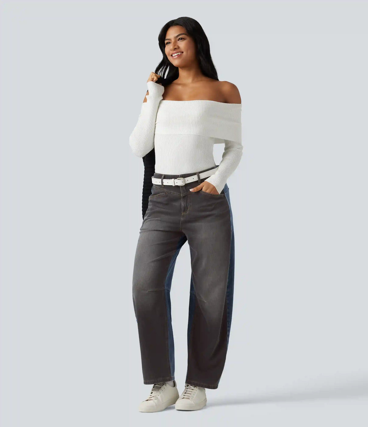 Halara Flex™ Mid Rise Barrel Leg Color Block Casual Jeans with Pockets