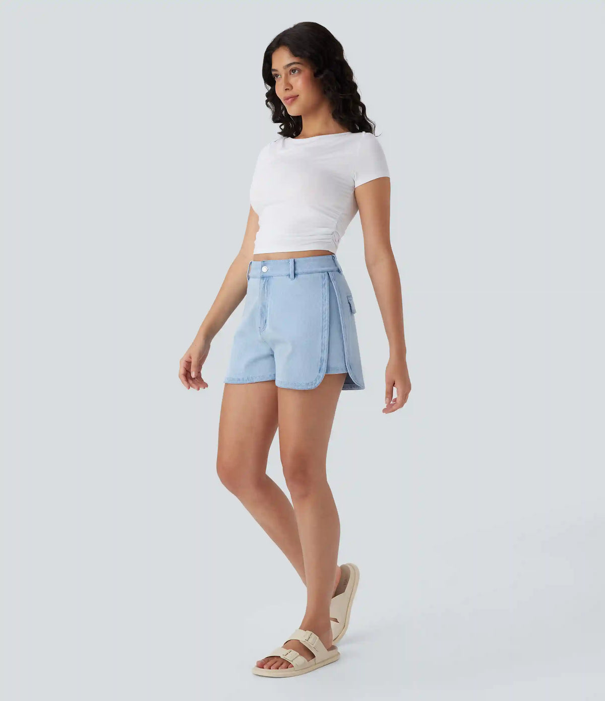 Halara Flex™ High Waisted Zipper Curved Hem Denim Casual Shorts 3''