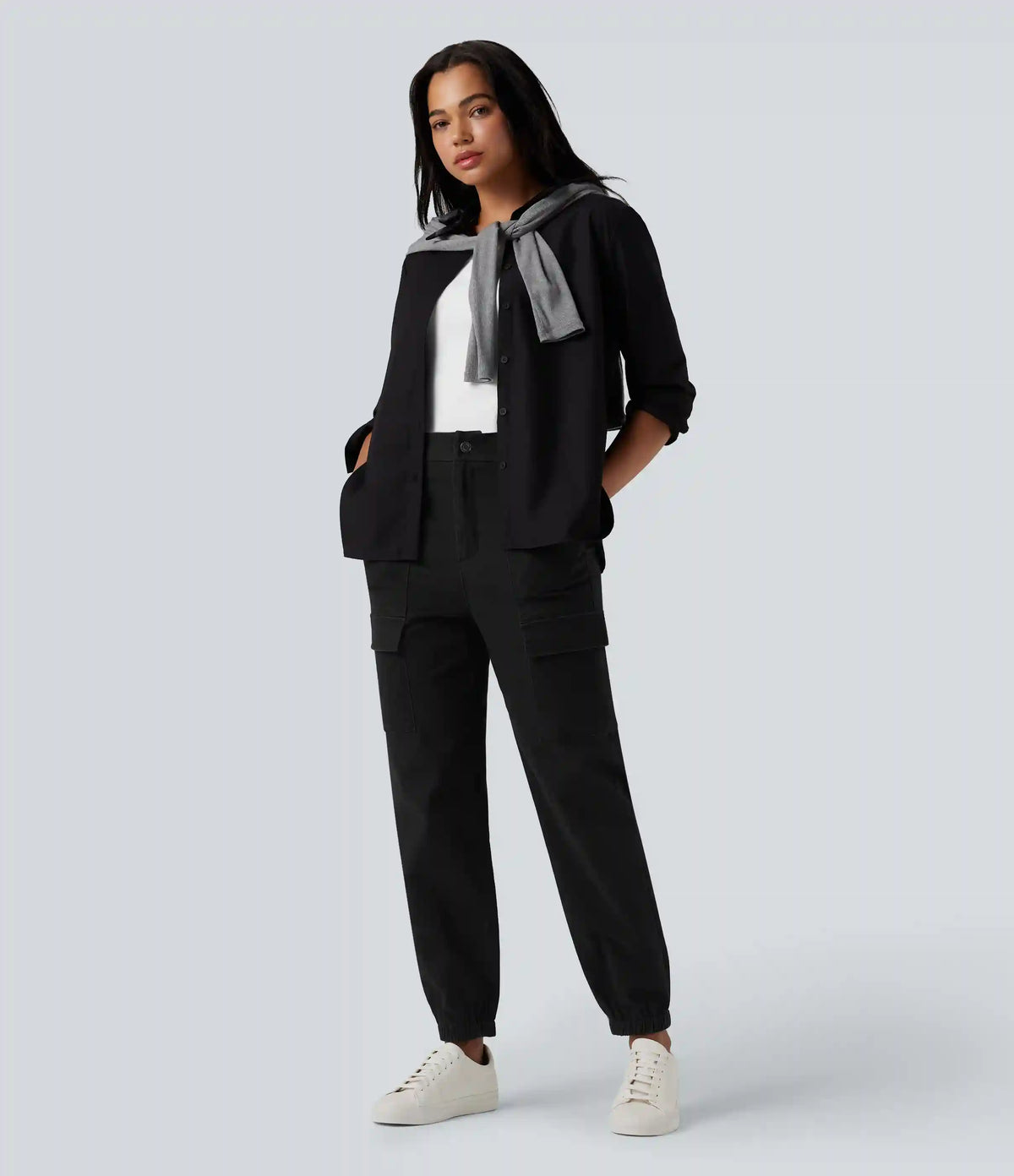 High-waisted Casual Chino Cotton Cargo Joggers with Pockets