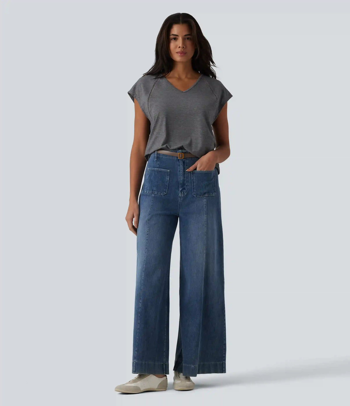 V Neck Batwing Short Sleeve Heathered Casual T-Shirt