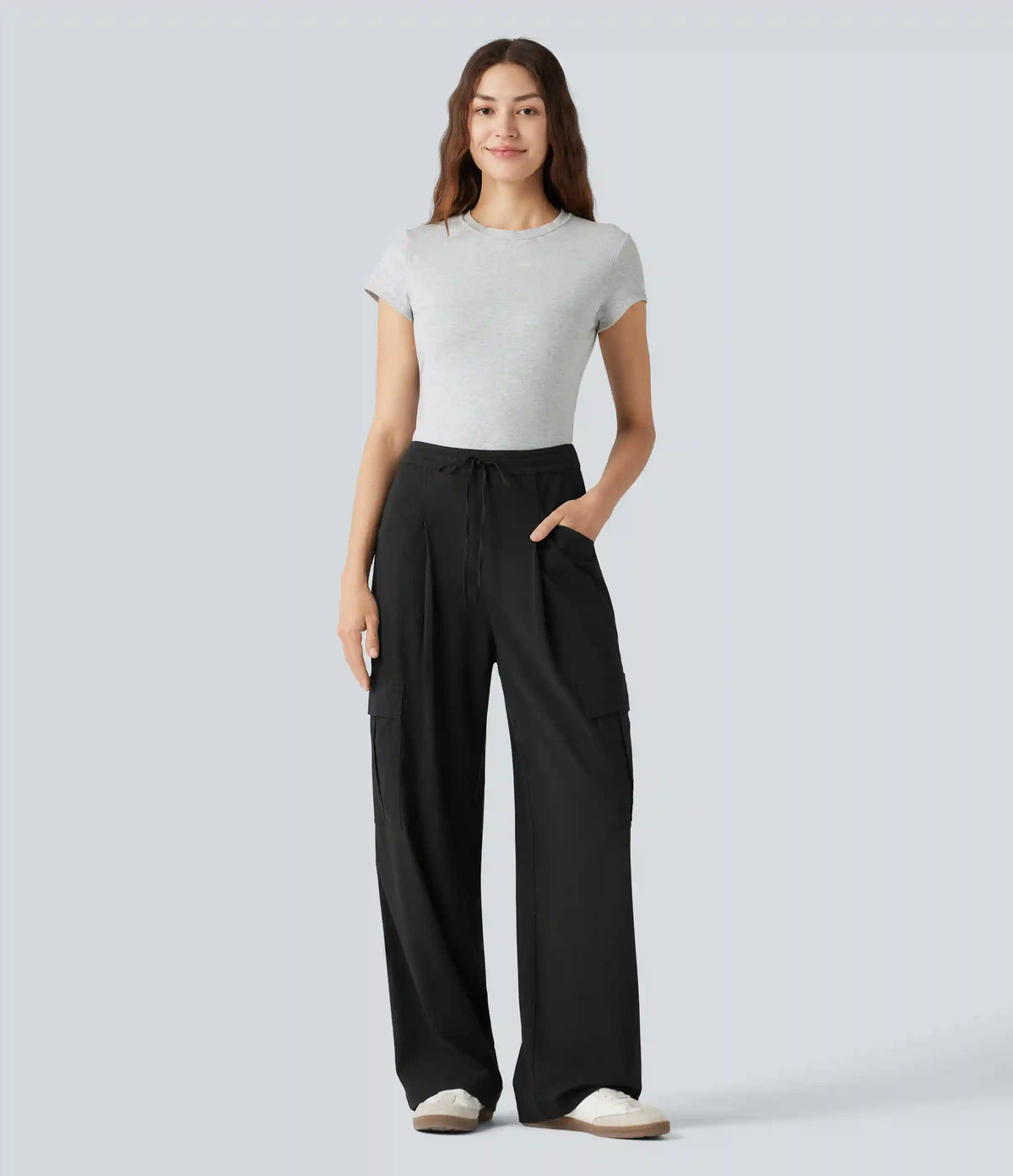 Mid Rise Drawstring Straight Leg Casual Stretch Linen Cargo Pants with Pockets