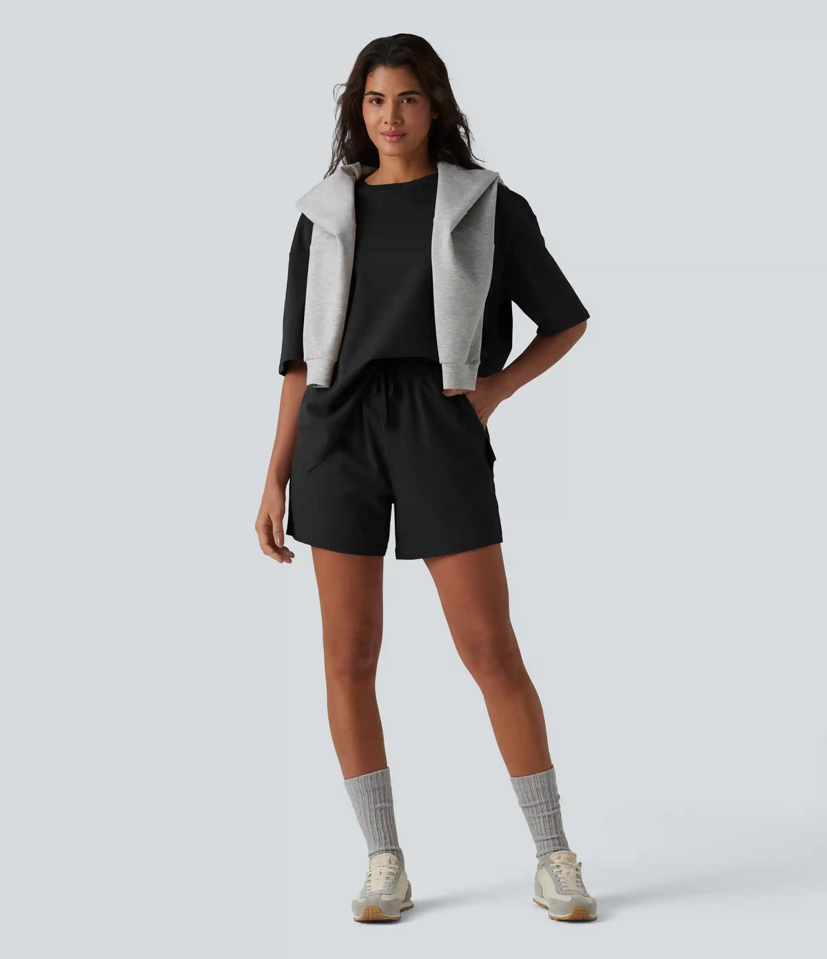 High Waisted Drawstring Split Hem Baggy Quick Dry Casual Cotton Sweat Shorts with Pockets