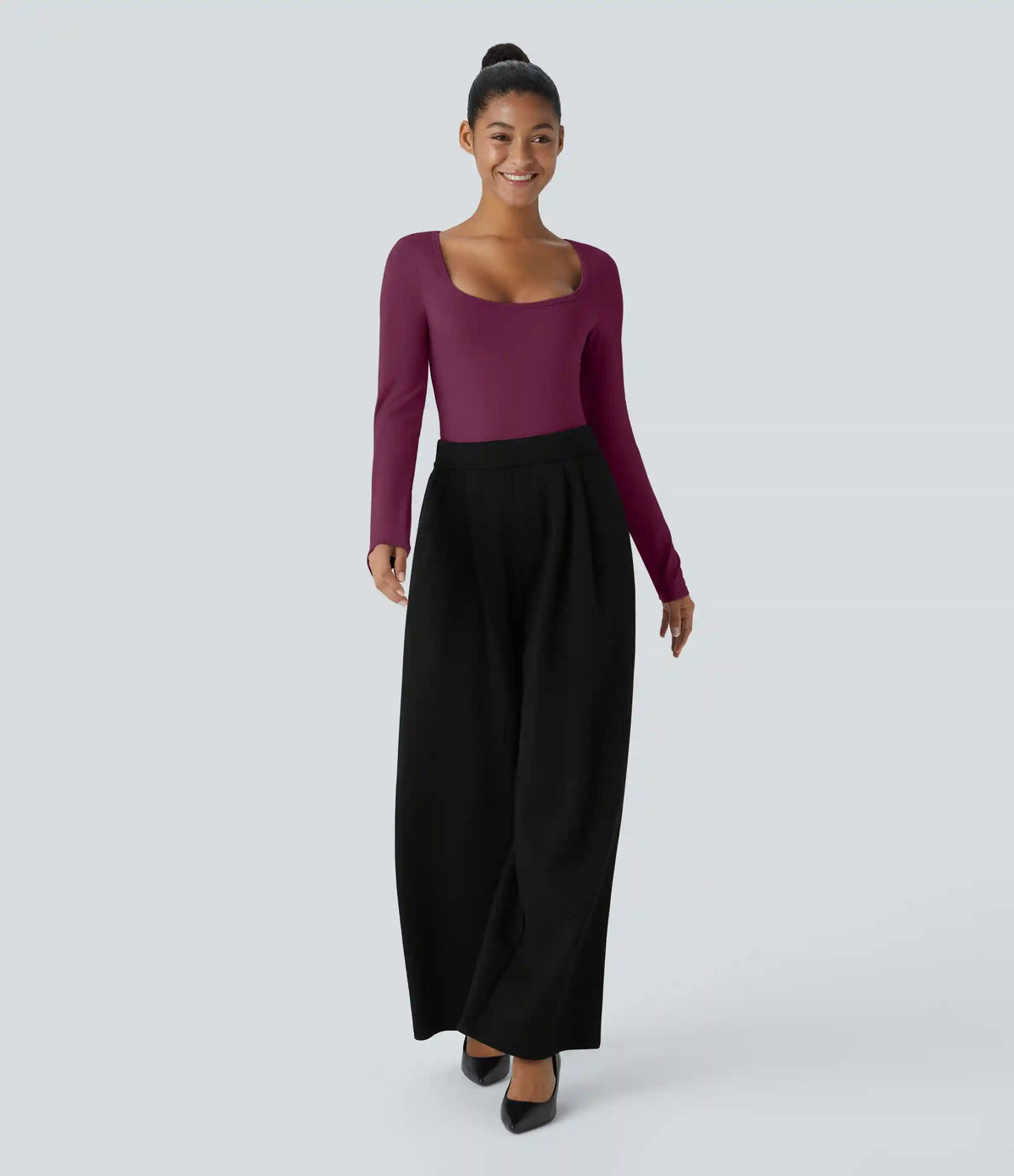 U Neck Long Sleeve Snap Skinny Work Bodysuit