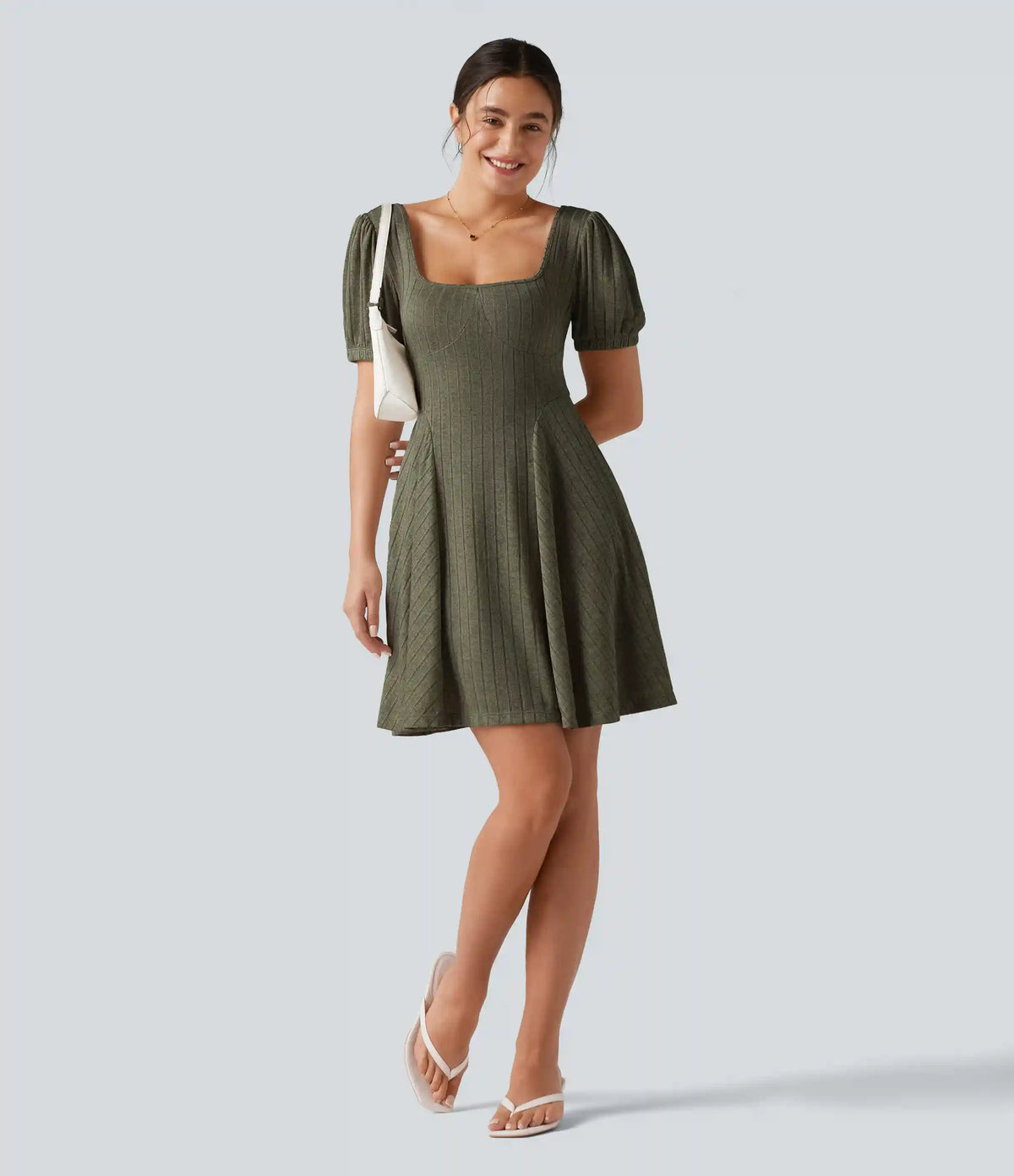 Ribbed Knit Square Neck Puff Short Sleeve Flare Mini Casual Dress with Pockets