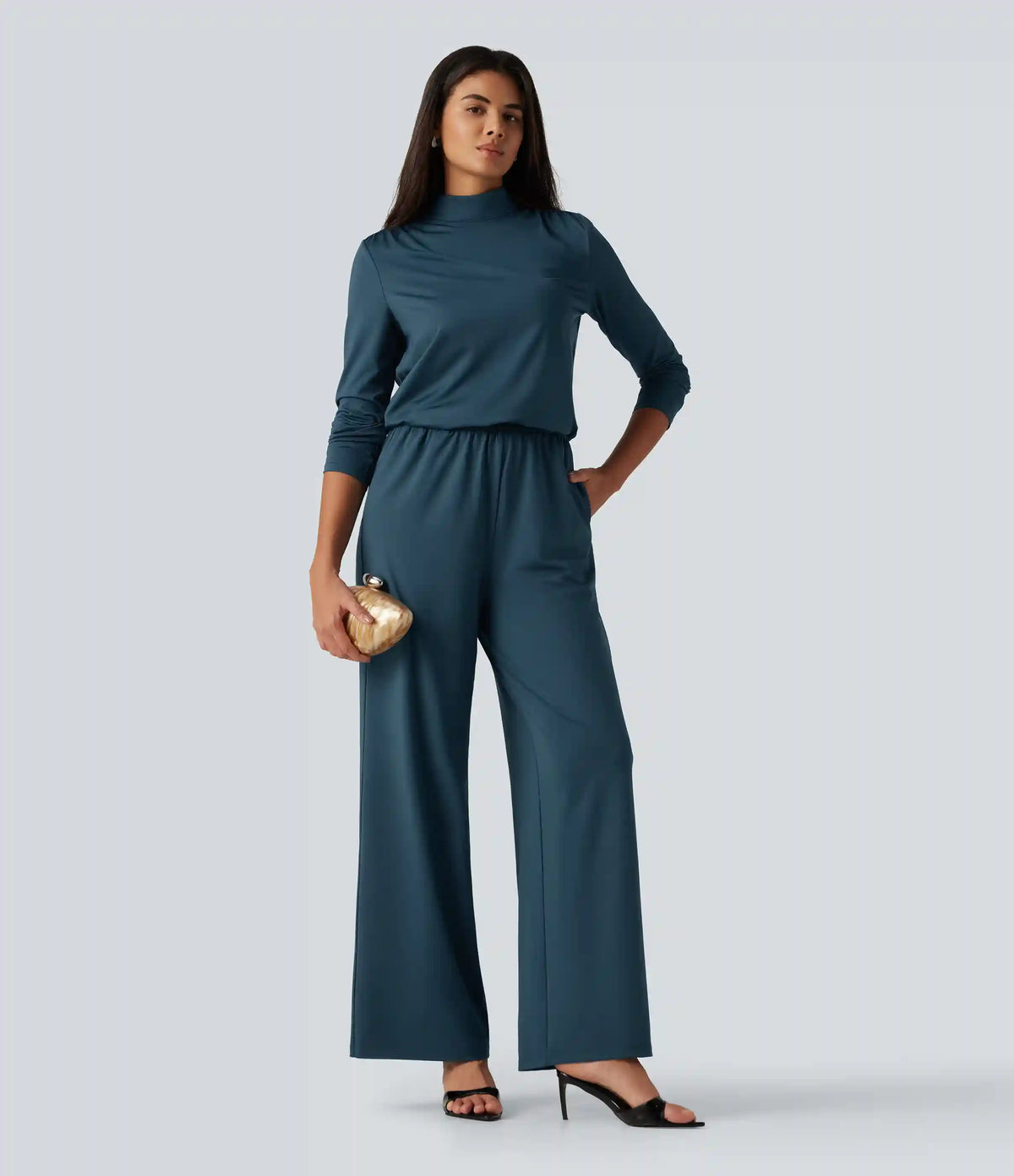 Stand Collar Long Sleeve Straight Leg Jumpsuit with Pockets-Easy Peezy Edition