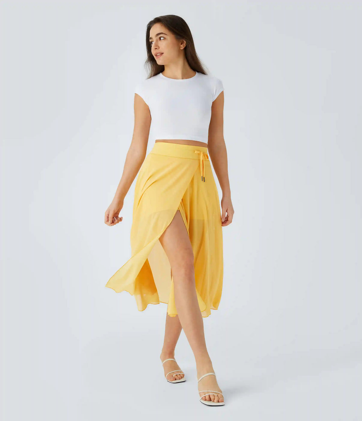 High Waisted Drawstring Contrast Mesh 2-in-1 Pocket Flowy Midi Flare Casual Skirt