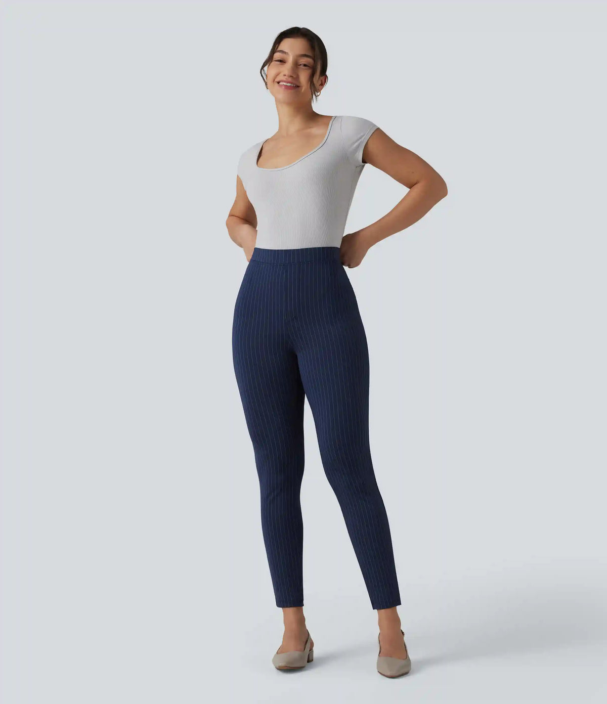 High Waisted Stripe Skinny Work Pants with Pockets