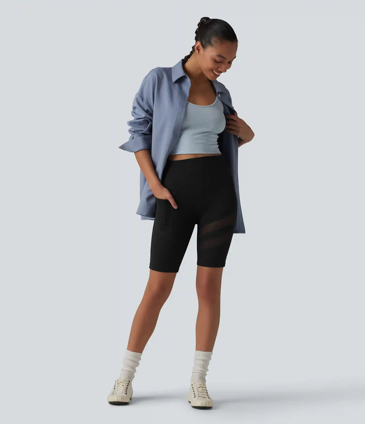 DayStretch High Waisted Tummy Control Butt Lifting Contrast Mesh Casual Biker Shorts 9.5'' with Pocket