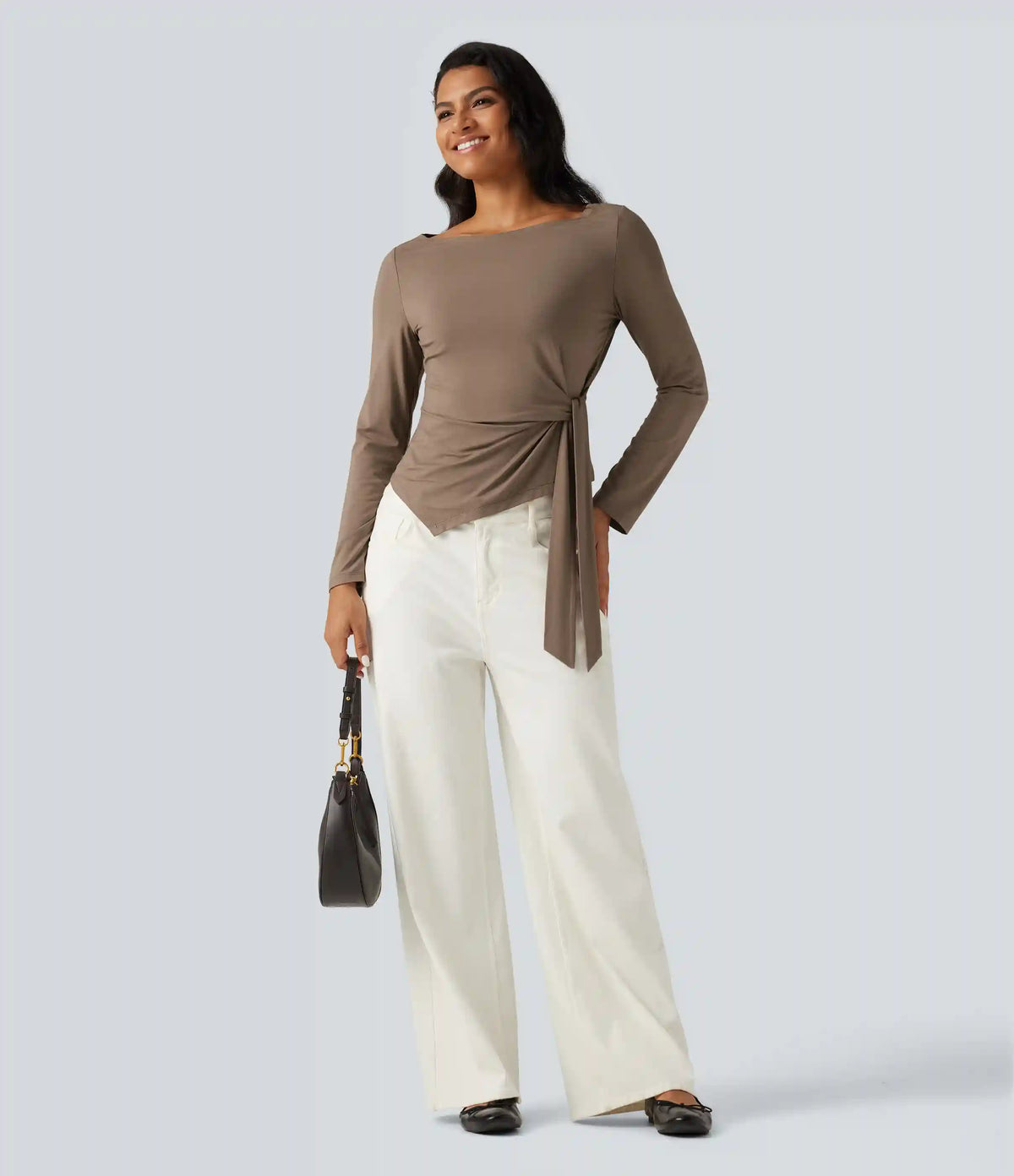 Boat Neck Long Sleeve Tie Side Asymmetric Hem Casual T-Shirt