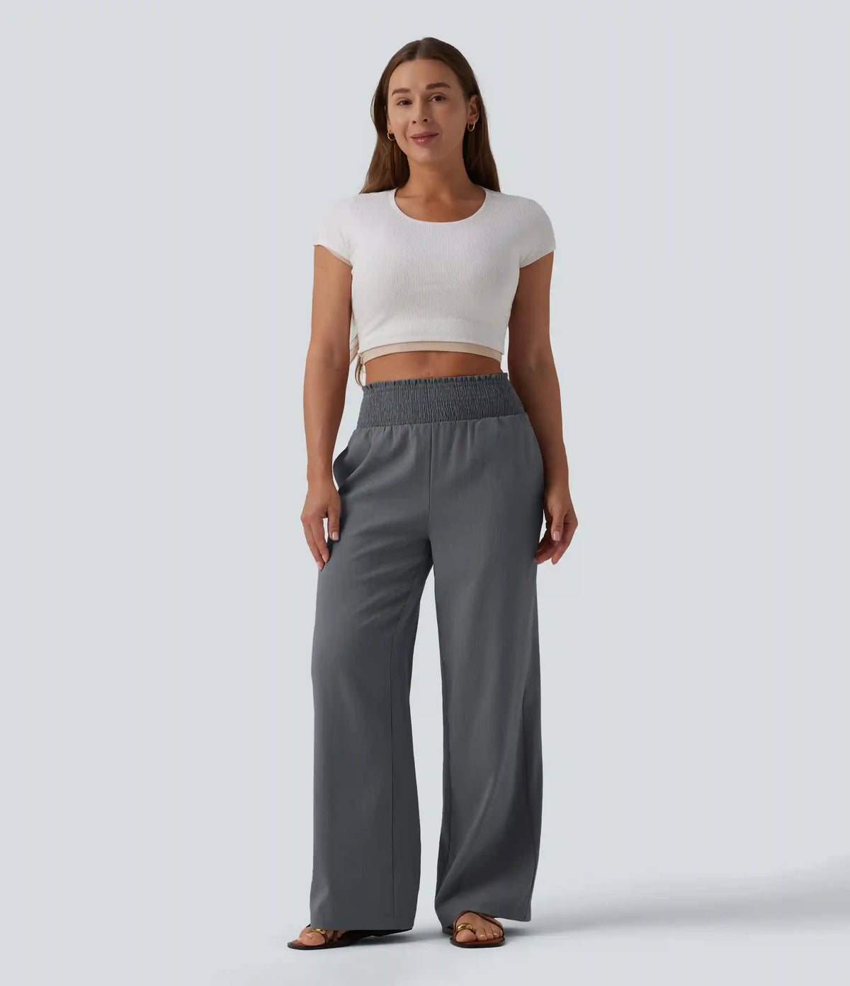 Shirred High Waisted Linen-Feel Casual Wide Leg Pants with Pockets