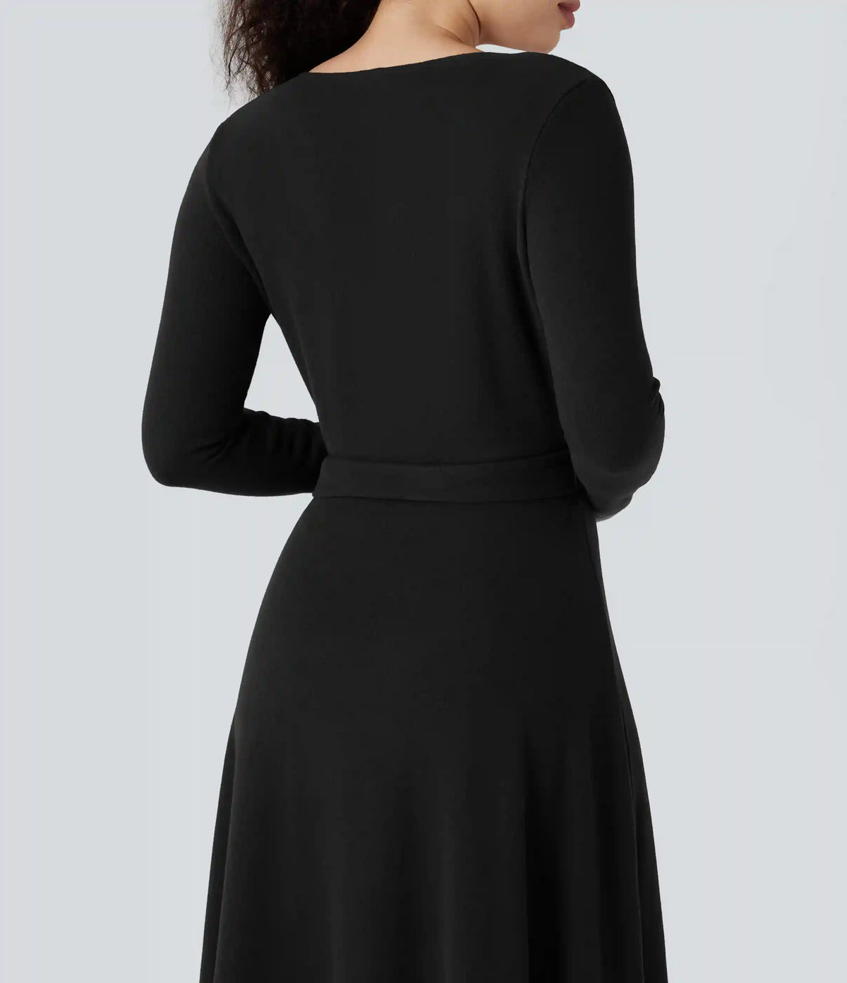 Ribbed Knit V-neck Long Sleeve Belted Midi Work Flowy Dress