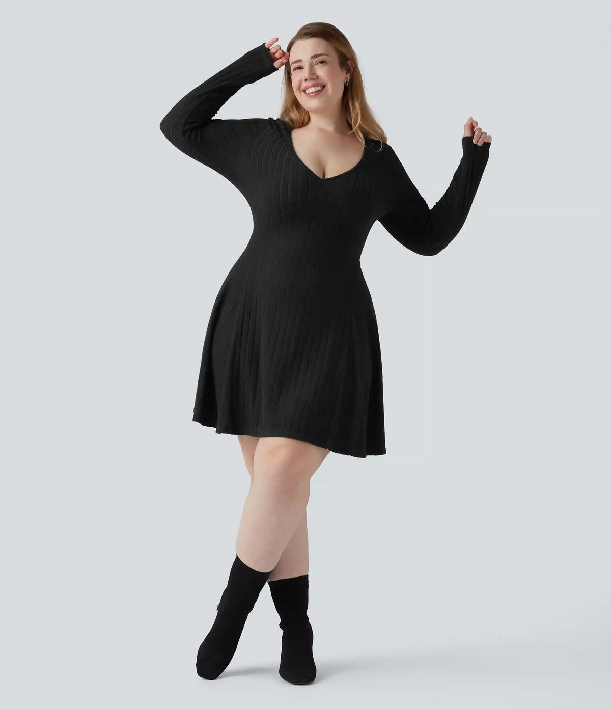 Plus Size Ribbed Knit V Neck Long Sleeve Flare Mini Casual Dress with Pockets