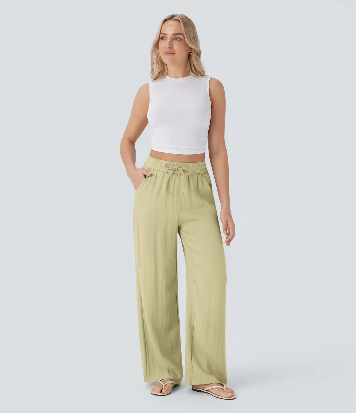High Waisted Drawstring Pocket Wide Leg Baggy Casual Linen-Feel Pants