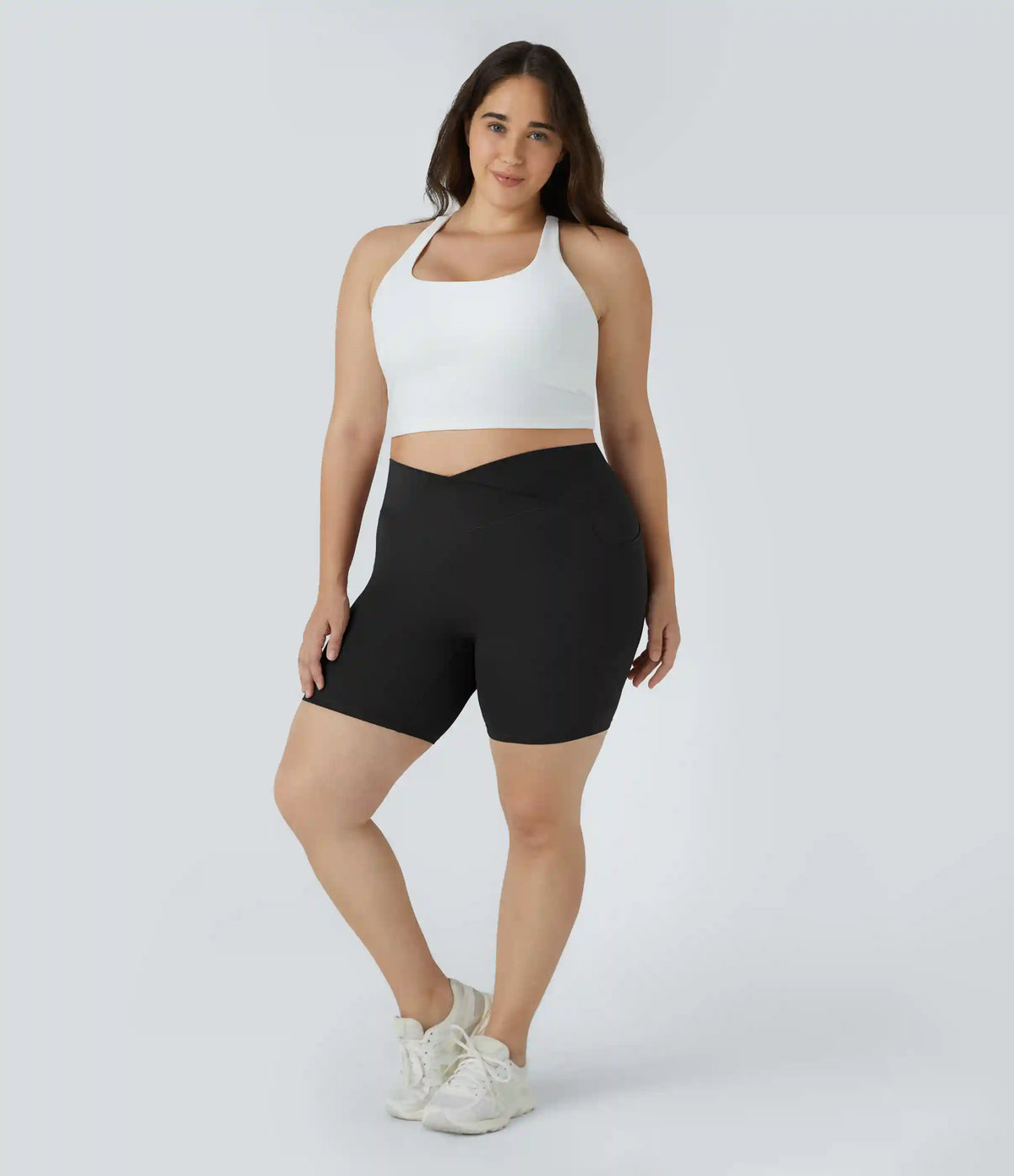 SoftlyZero™ High Waisted Crossover Pocket Yoga Plus Size Biker Shorts 7"