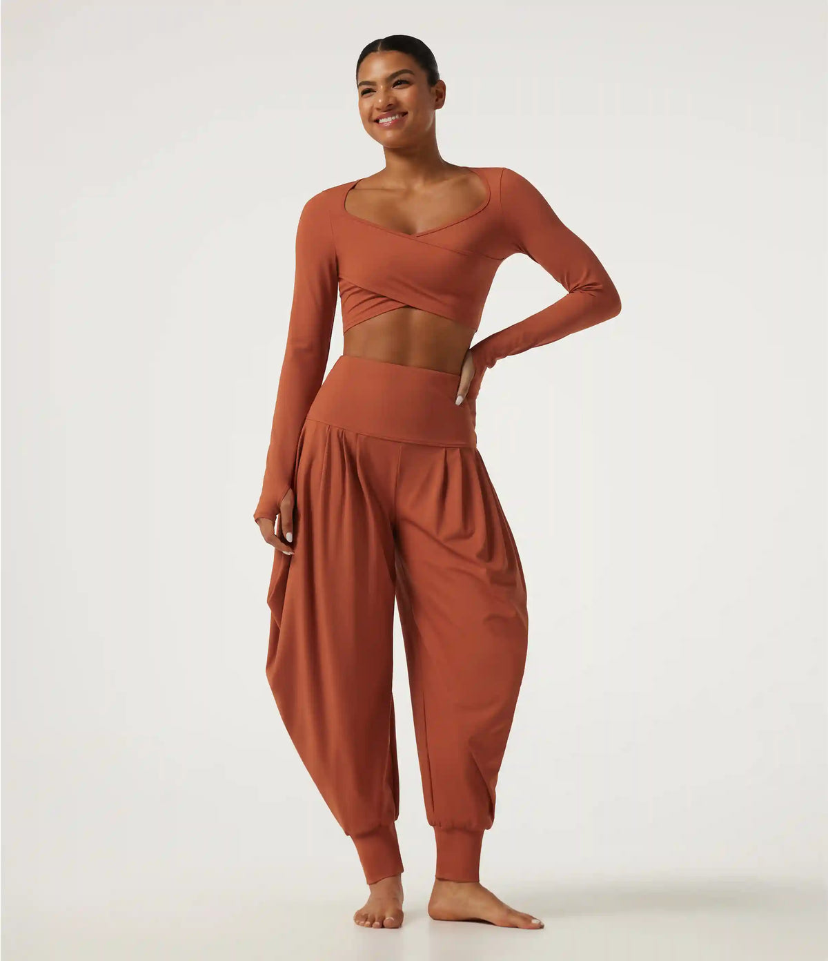 SoftlyZero™ Airy Queen Anne Neck Long Sleeve Thumb Hole Crossover Hem InstantCool Cropped Yoga Sports Top
