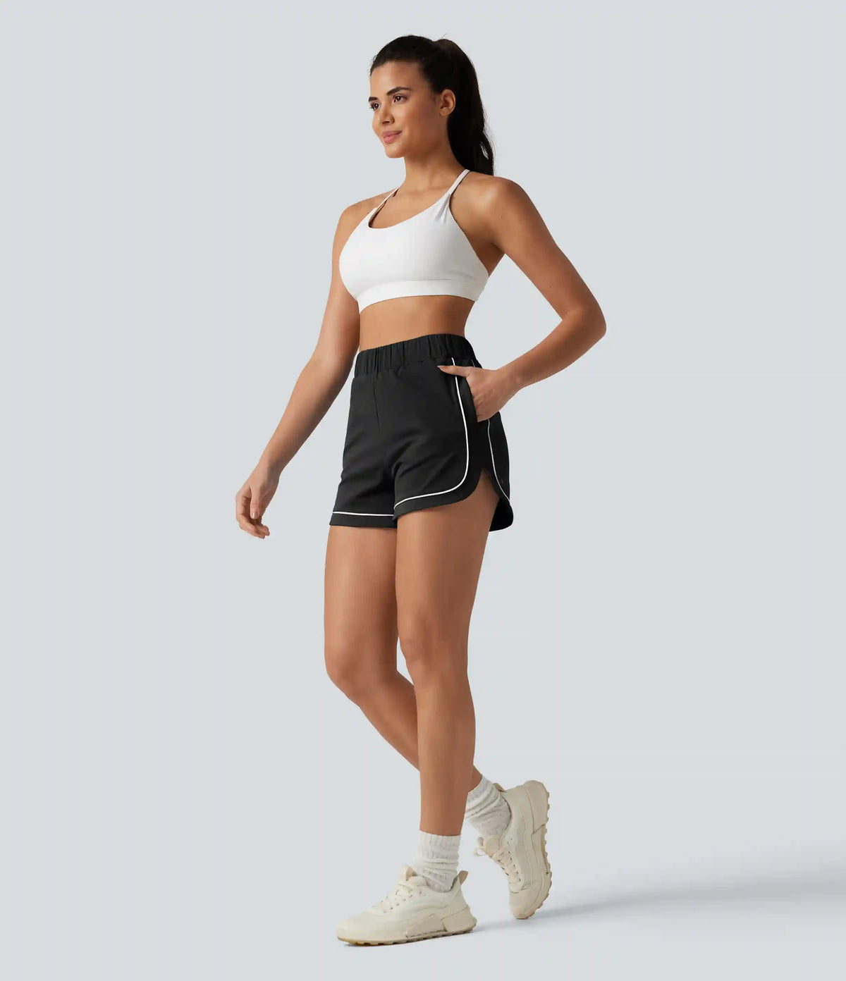 High Waisted Color Block Side Stripe Baggy Yoga Shorts 3'' with Pockets