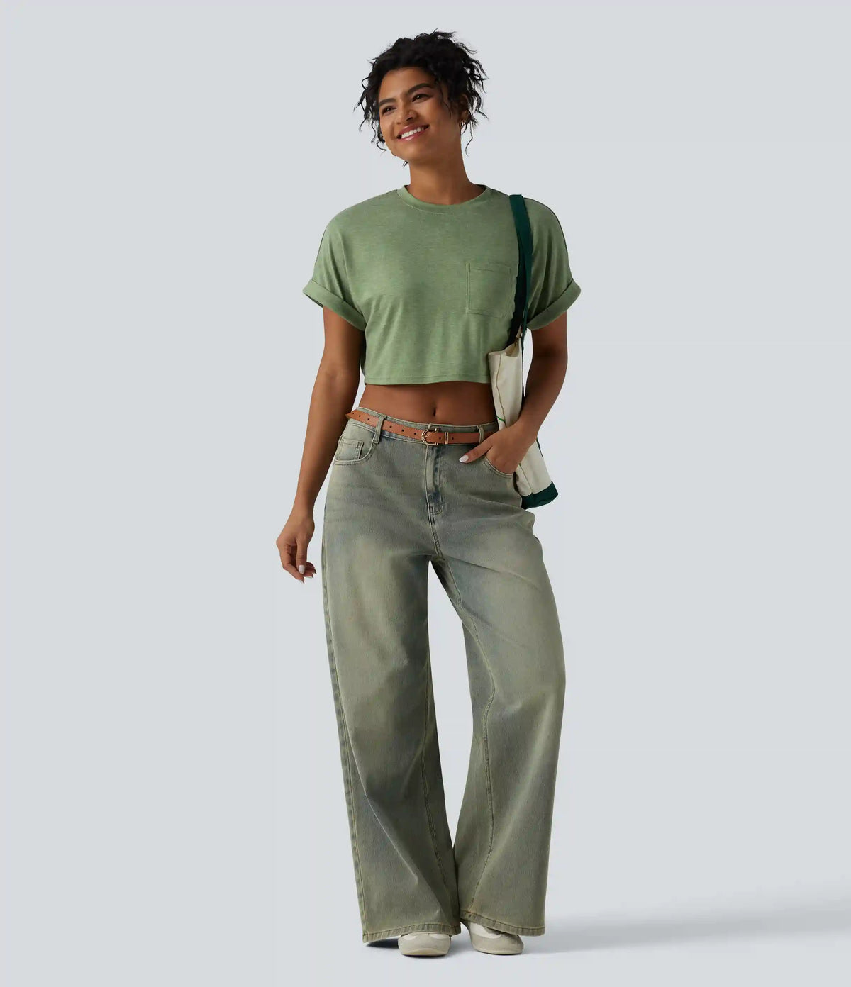 Round Neck Short Sleeve Relaxed Cropped Heathered Casual T-Shirt with Pocket