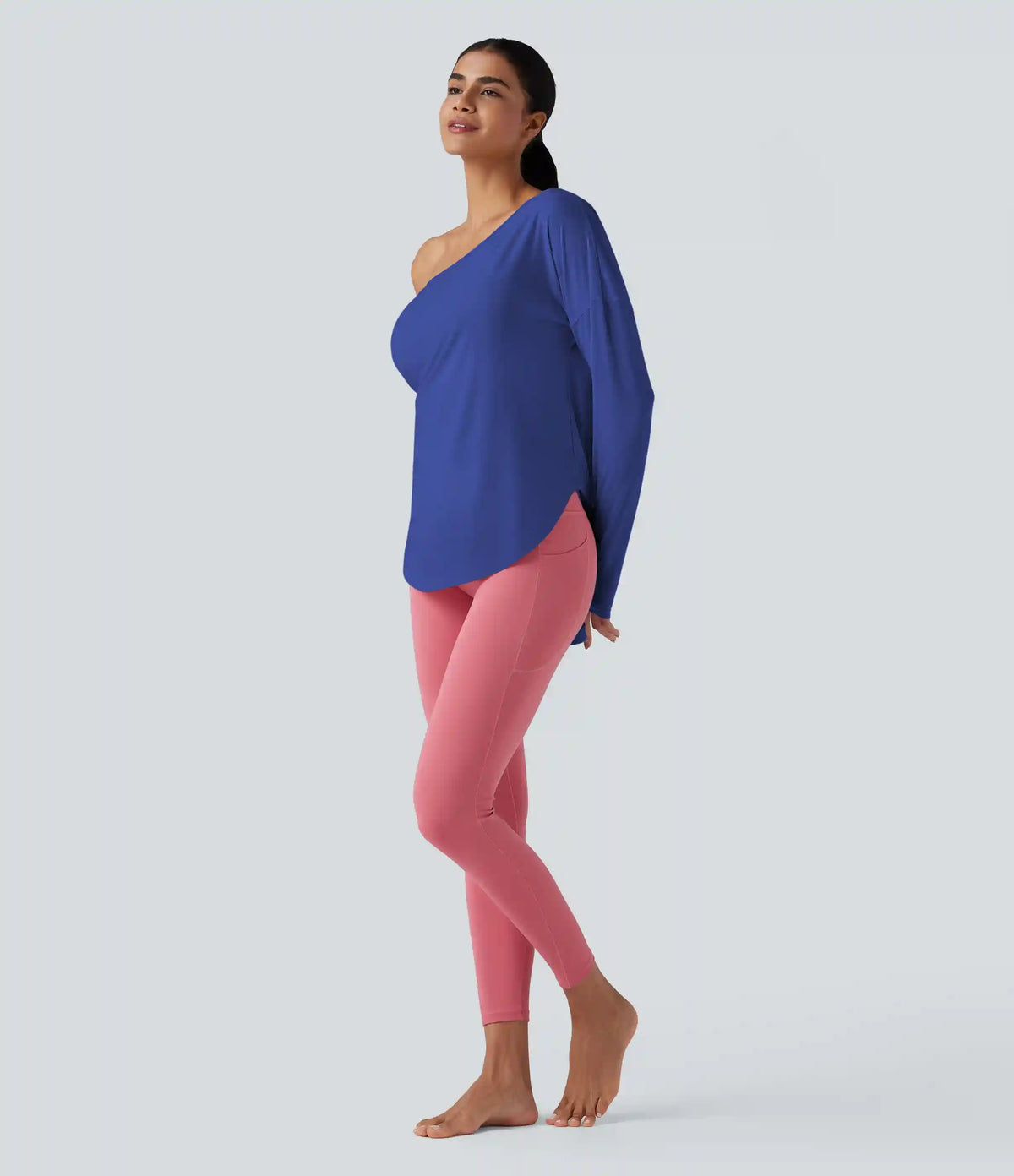 One Shoulder Long Sleeve Thumb Hole Curved Hem High Low Quick Dry Yoga Sports Top-Built-in Bra