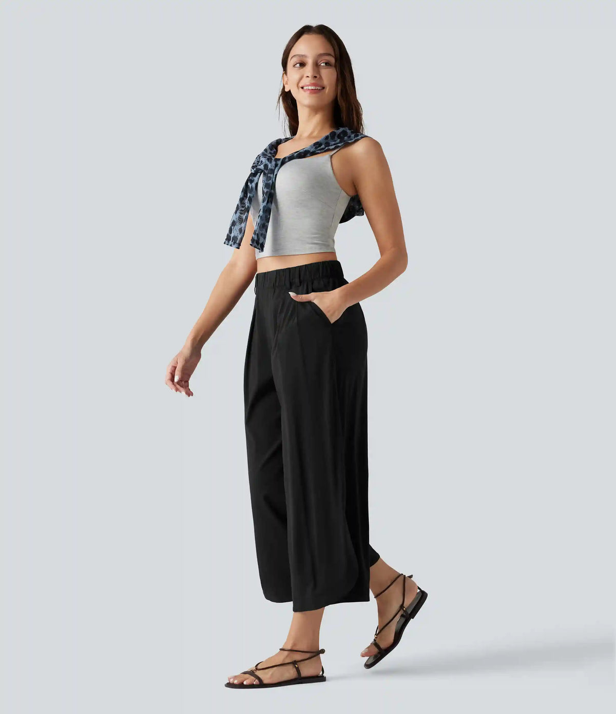 High Waisted Wide Leg Curved Hem Cropped Casual Stretch Linen Pants with Pockets