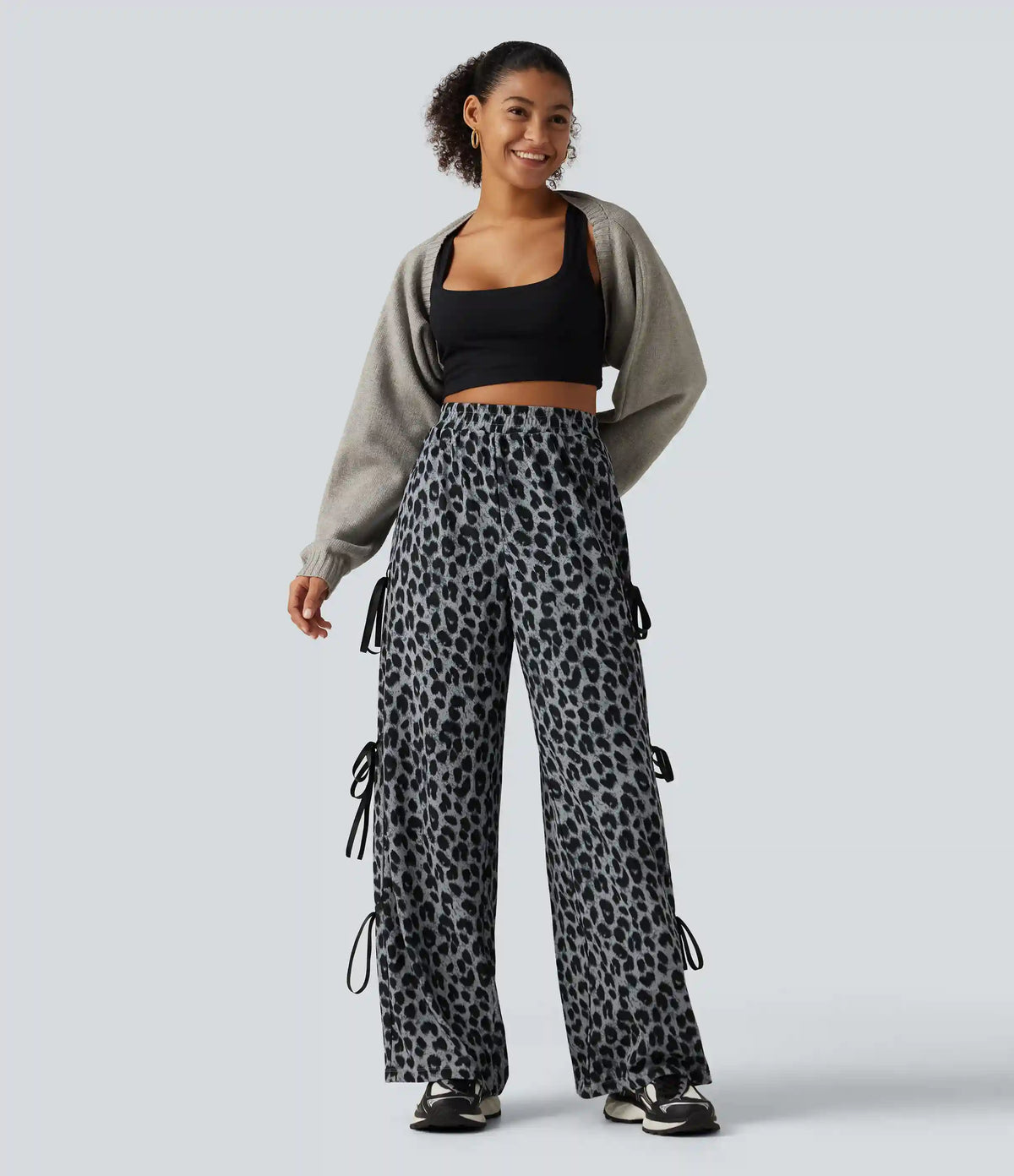 High Waisted Leopard Print Waffle Wide Leg Casual Pants with Pockets
