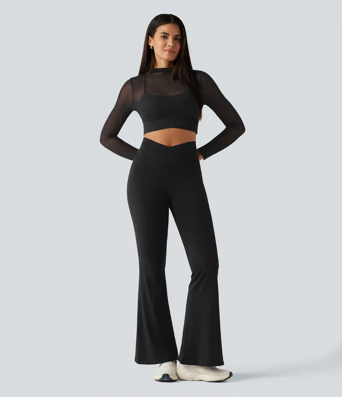 Mock Neck Long Sleeve Non-Removable Pad Mesh Cropped Yoga Sports Top