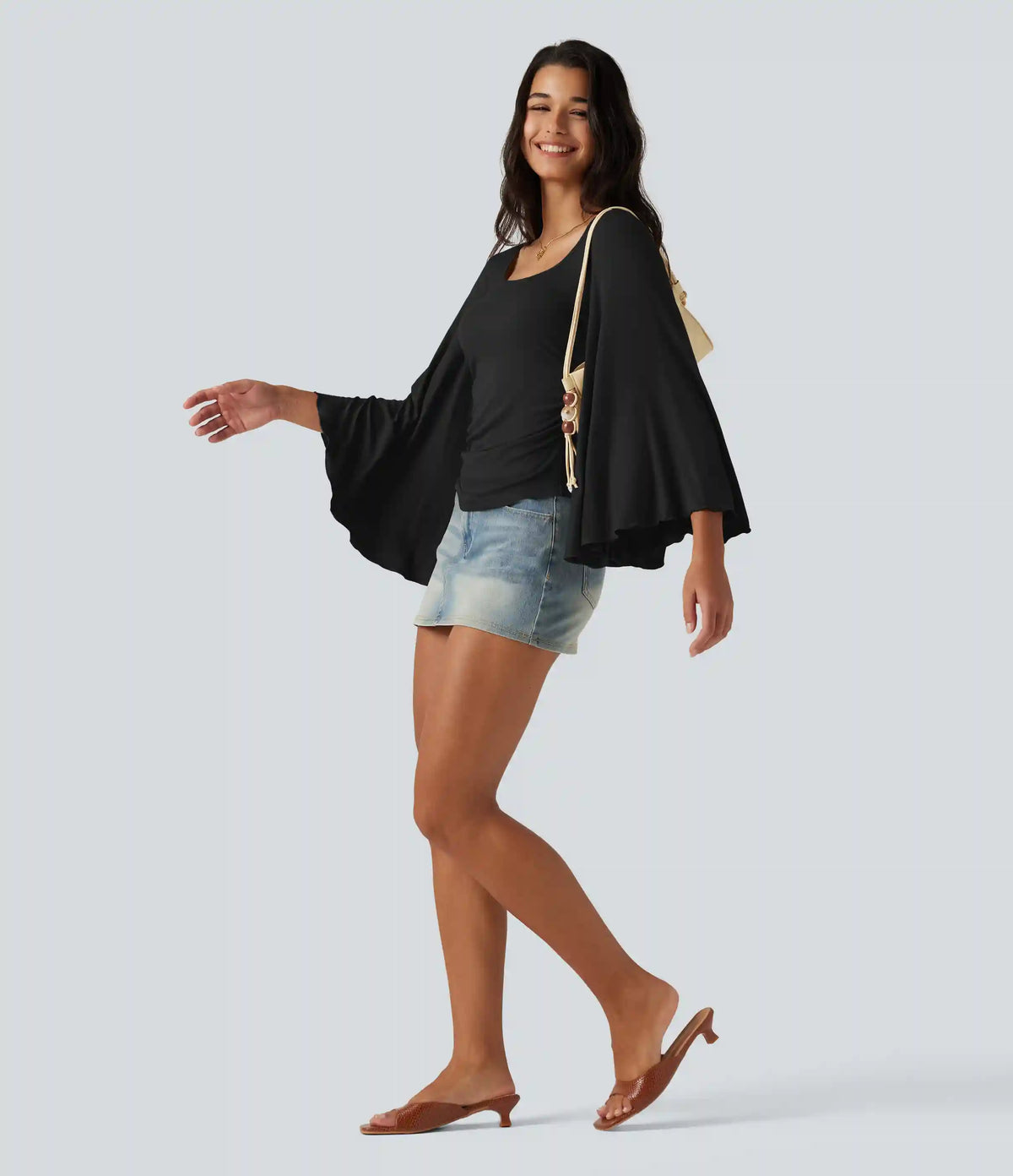 Ribbed Square Neck Flounce 7/8 Sleeve Ruched Casual T-Shirt